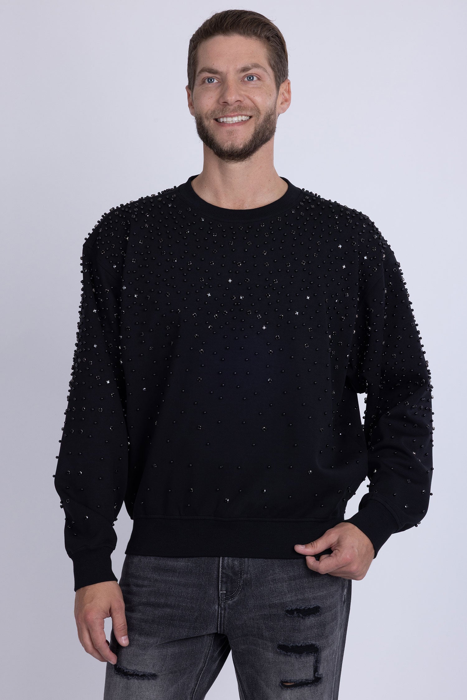 Barabas Men's Rhinestone Crew Neck Stretch Cardigan Sweater 5LSR01 Black
