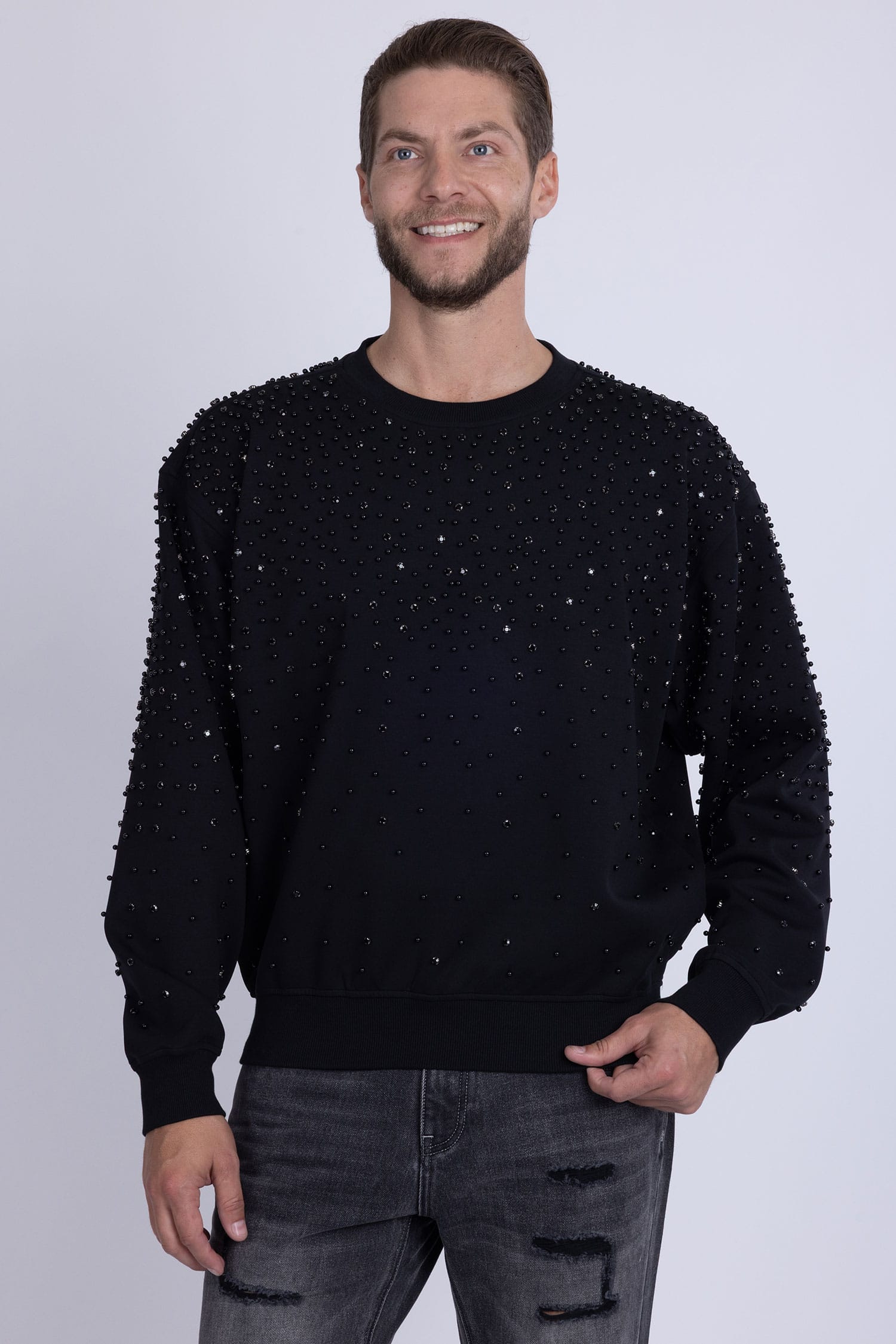 Barabas Men's Rhinestone Crew Neck Stretch Cardigan Sweater 5LSR01 Black