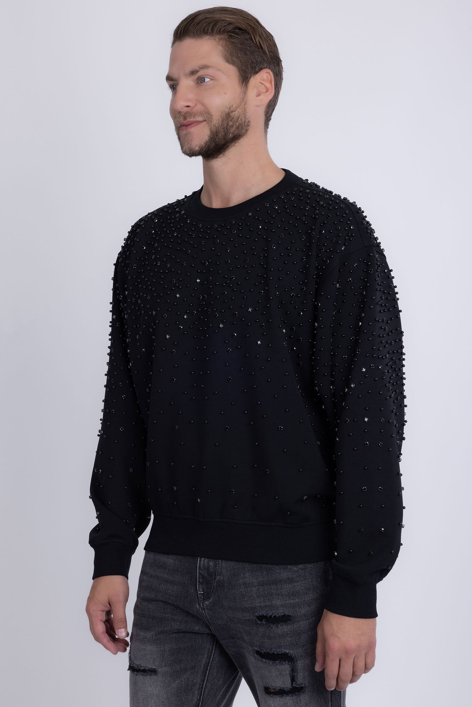 Barabas Men's Rhinestone Crew Neck Stretch Cardigan Sweater 5LSR01 Black