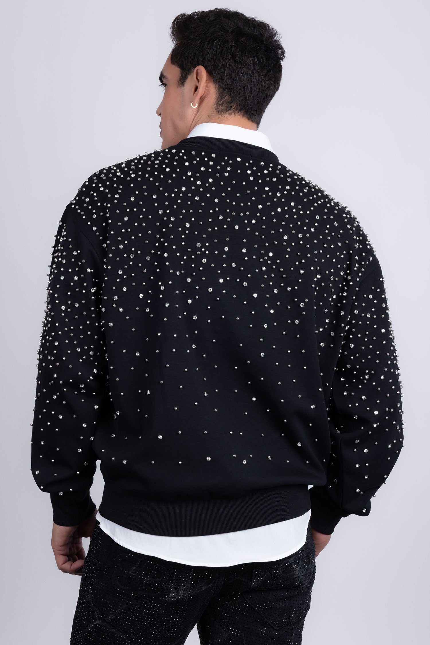 Barabas Men's Rhinestone Crew Neck Stretch Cardigan Sweater 5LSR01 Black Silver