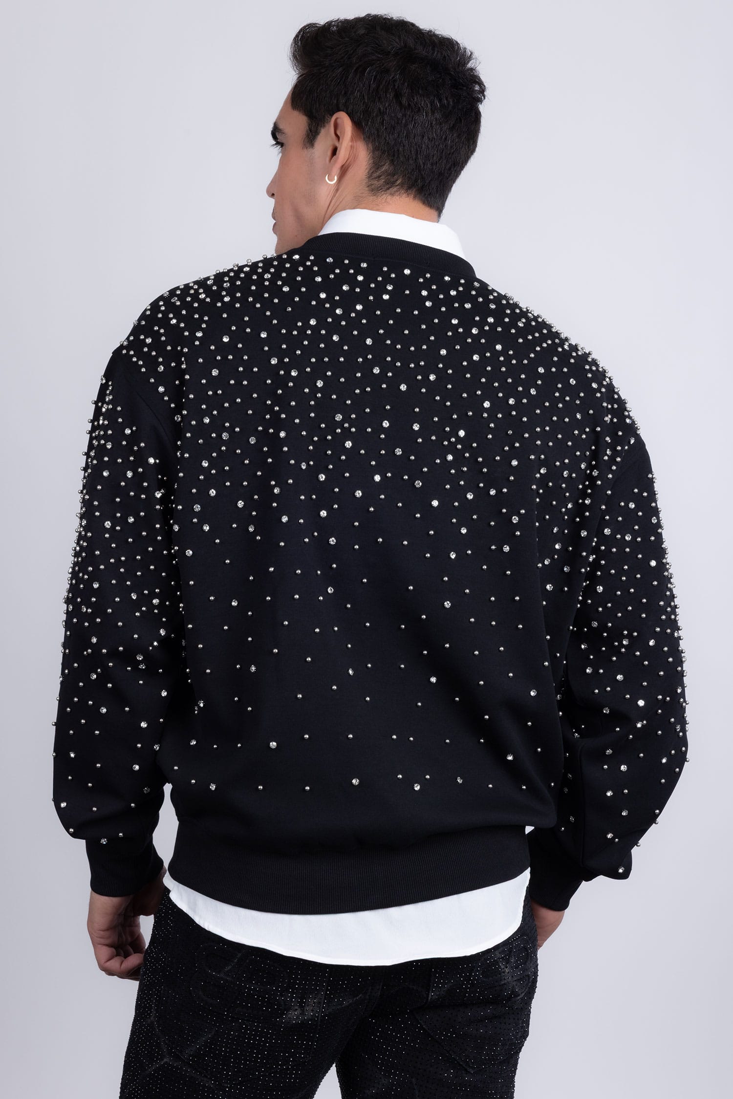Barabas Men's Rhinestone Crew Neck Stretch Cardigan Sweater 5LSR01 Black Silver