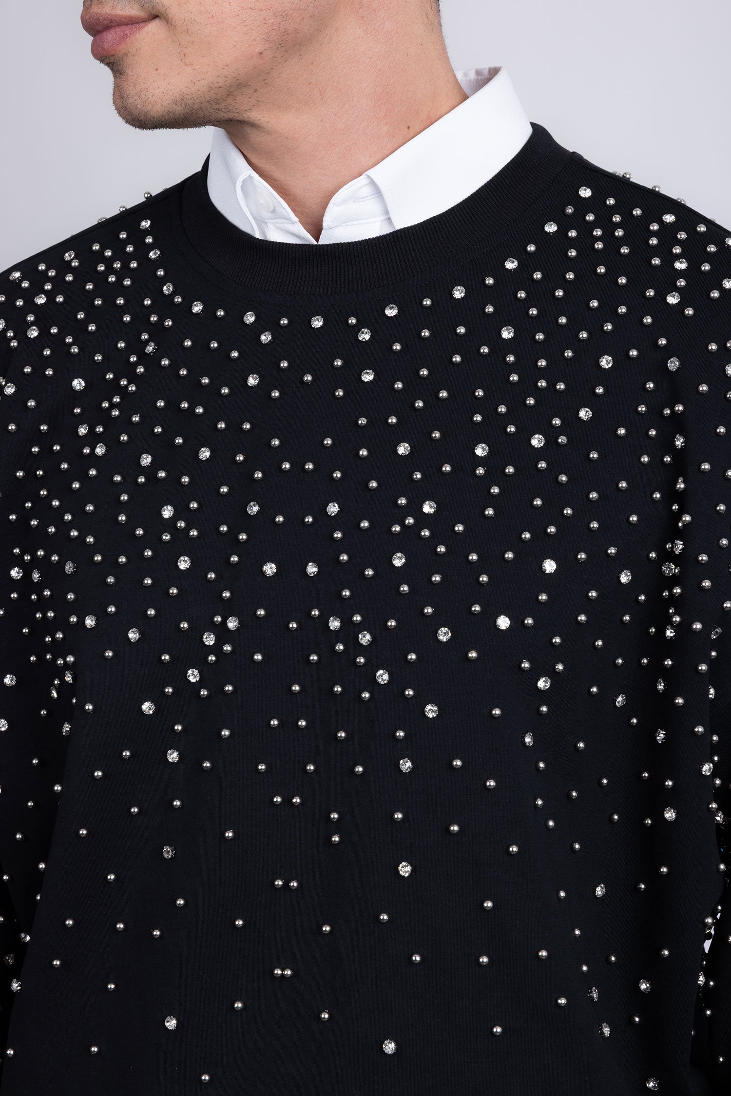 Barabas Men's Rhinestone Crew Neck Stretch Cardigan Sweater 5LSR01 Black Silver