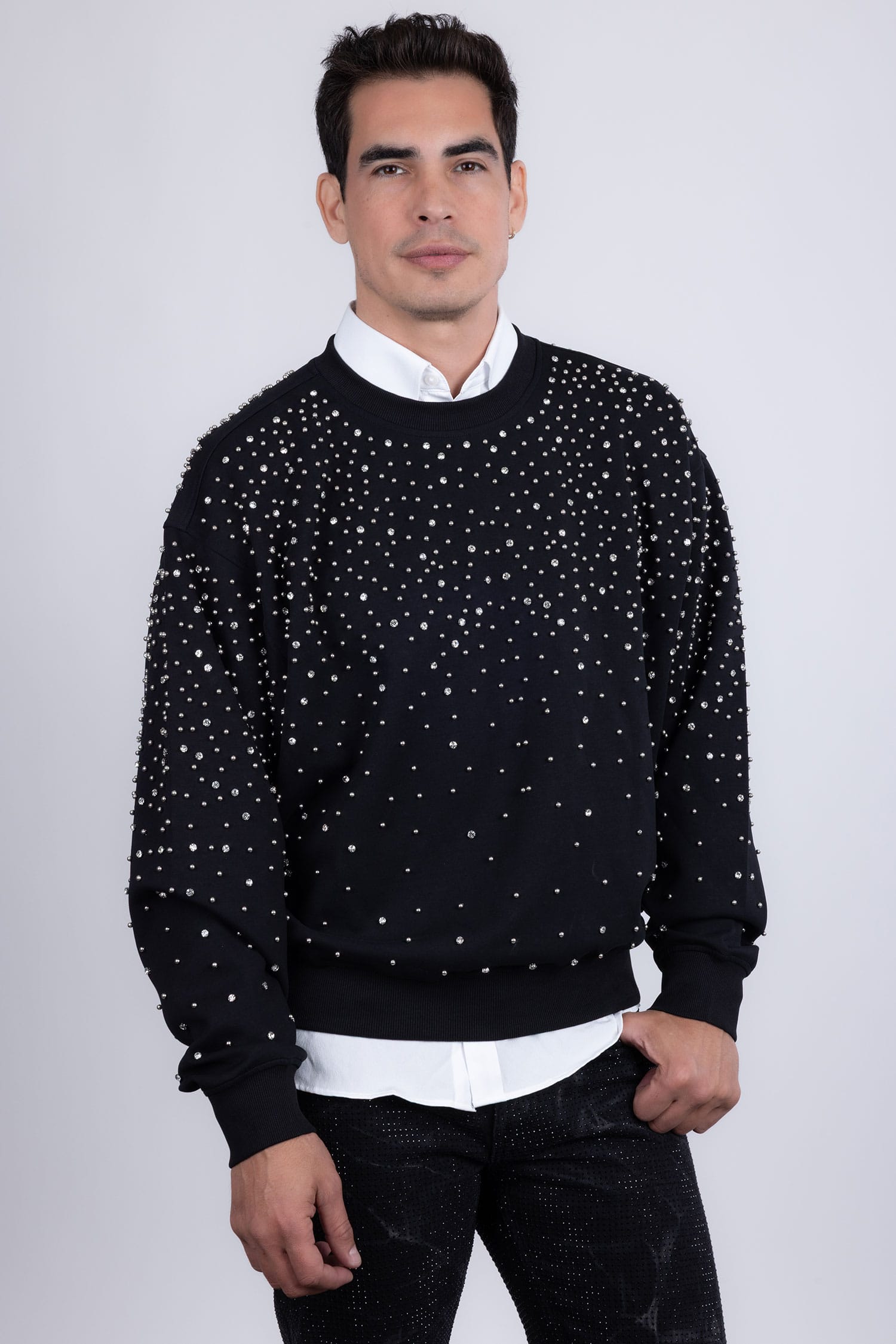 Barabas Men's Rhinestone Crew Neck Stretch Cardigan Sweater 5LSR01 Black Silver
