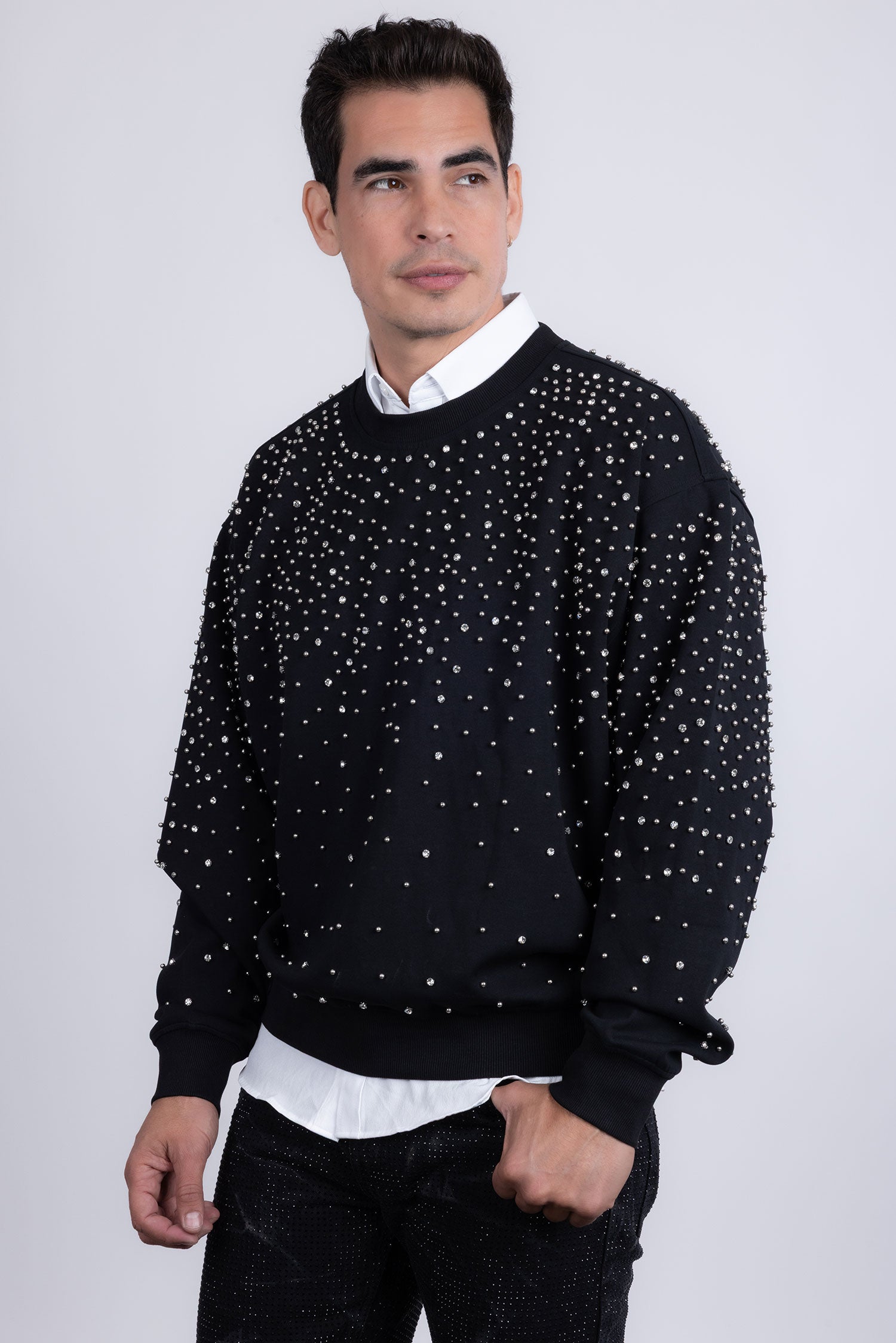Barabas Men's Rhinestone Crew Neck Stretch Cardigan Sweater 5LSR01 Black Silver