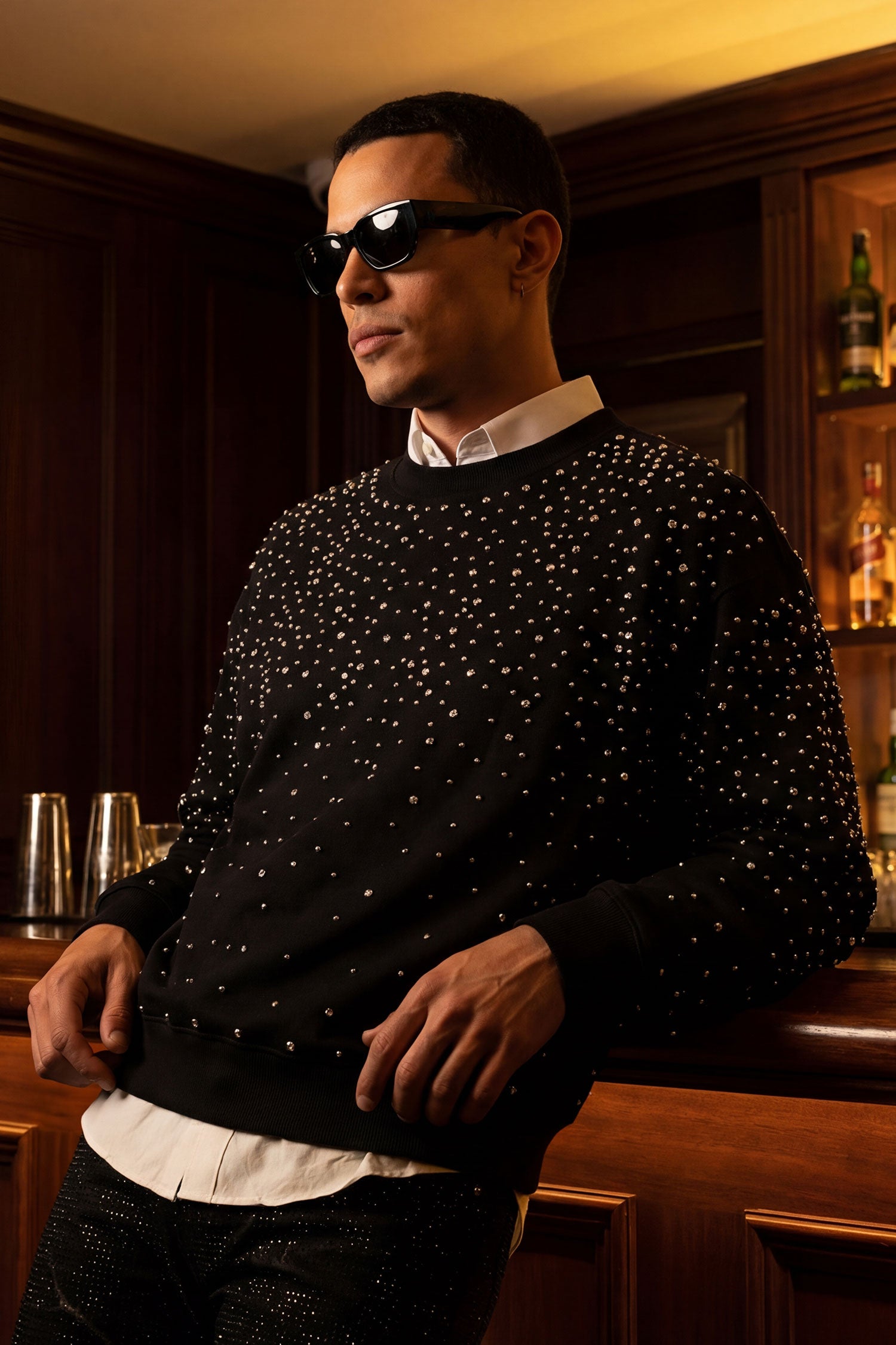 Barabas Men's Rhinestone Crew Neck Stretch Cardigan Sweater 5LSR01 Black SIlver