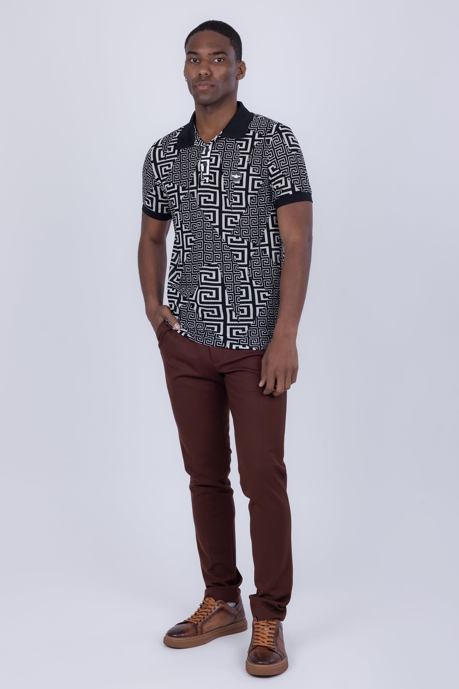 Barabas Men's Solid Color Greek Key Pattern Premium Polo Shirts 5P07 Black