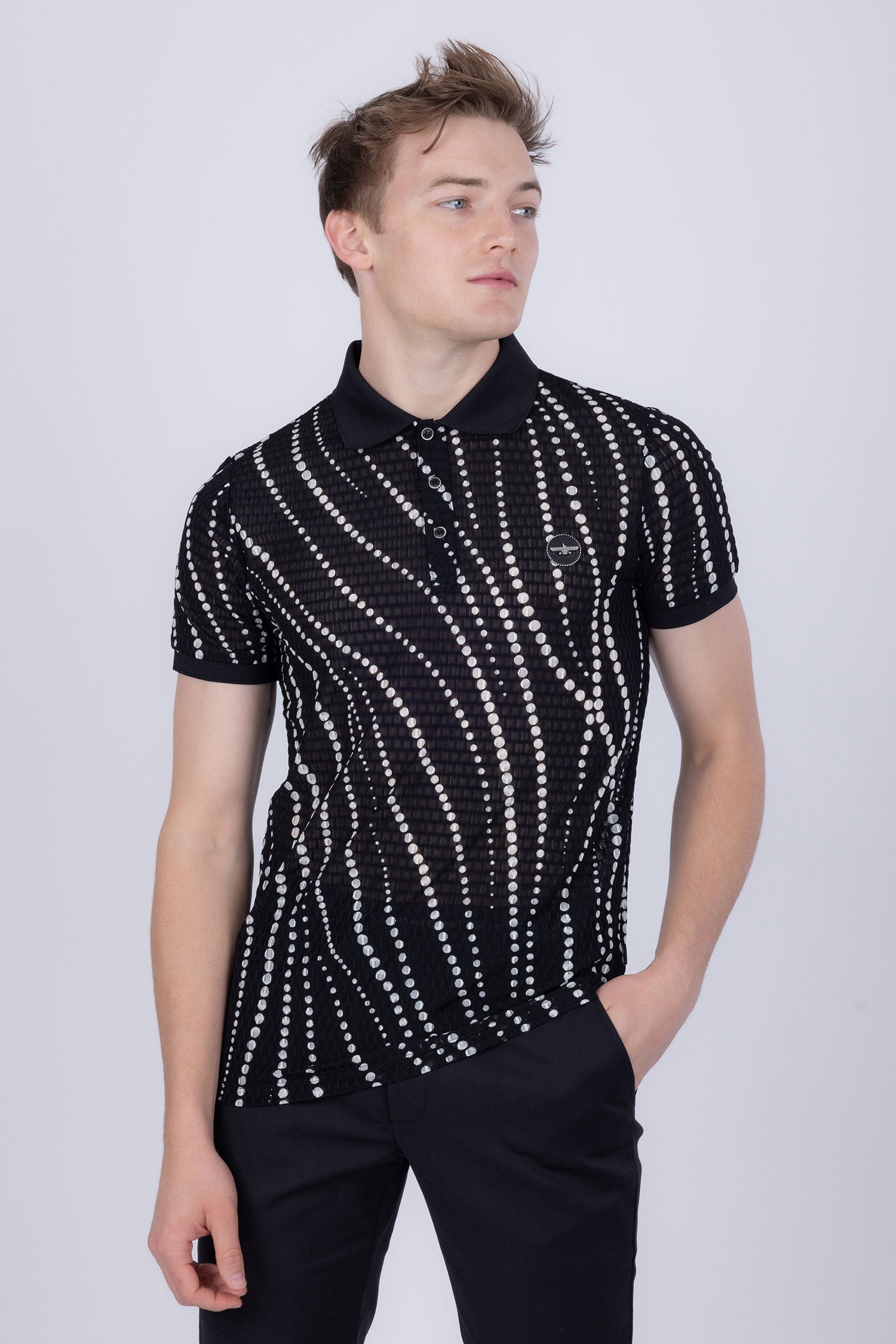 Barabas Men's Polka Dots Stretch See Through Polo Shirts 5P08 Black