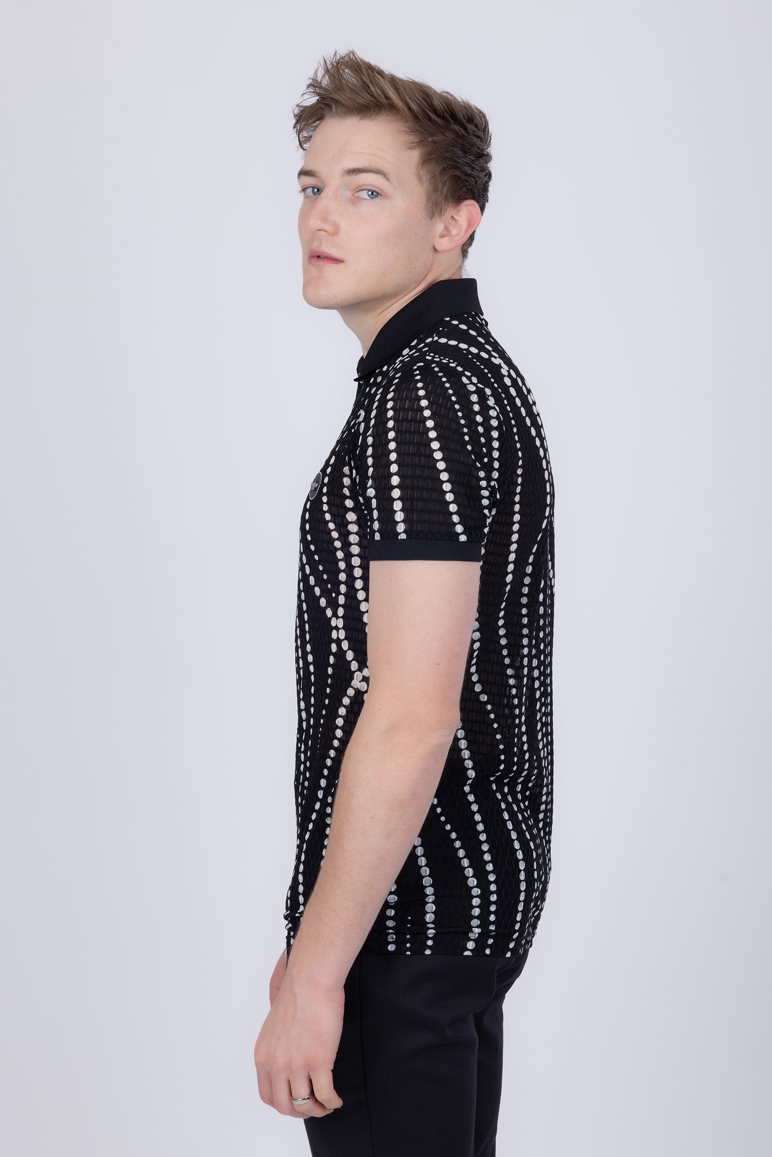 Barabas Men's Polka Dots Stretch See Through Polo Shirts 5P08 Black