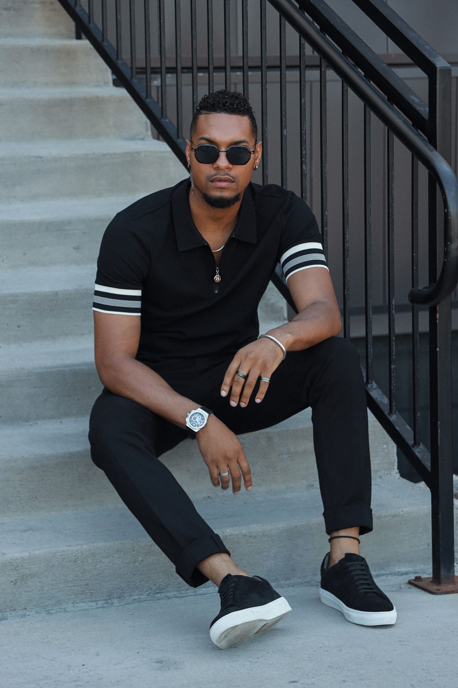 Barabas Men's Solid Geometric Linear Sleeve Stretch Polo Shirts 5P09 Black
