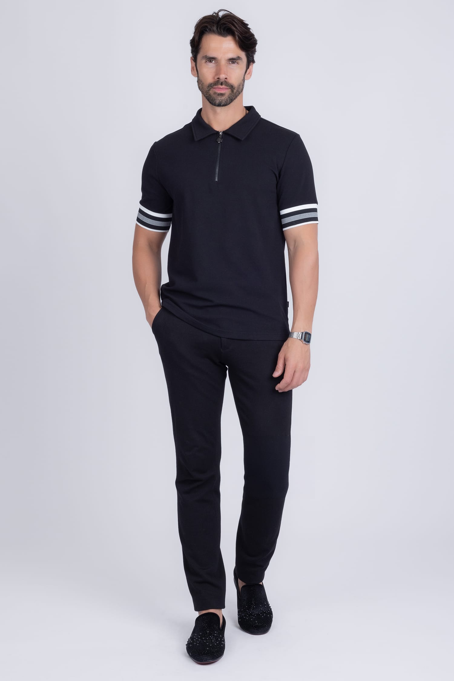 Barabas Men's Solid Geometric Linear Sleeve Stretch Polo Shirts 5P09 Black