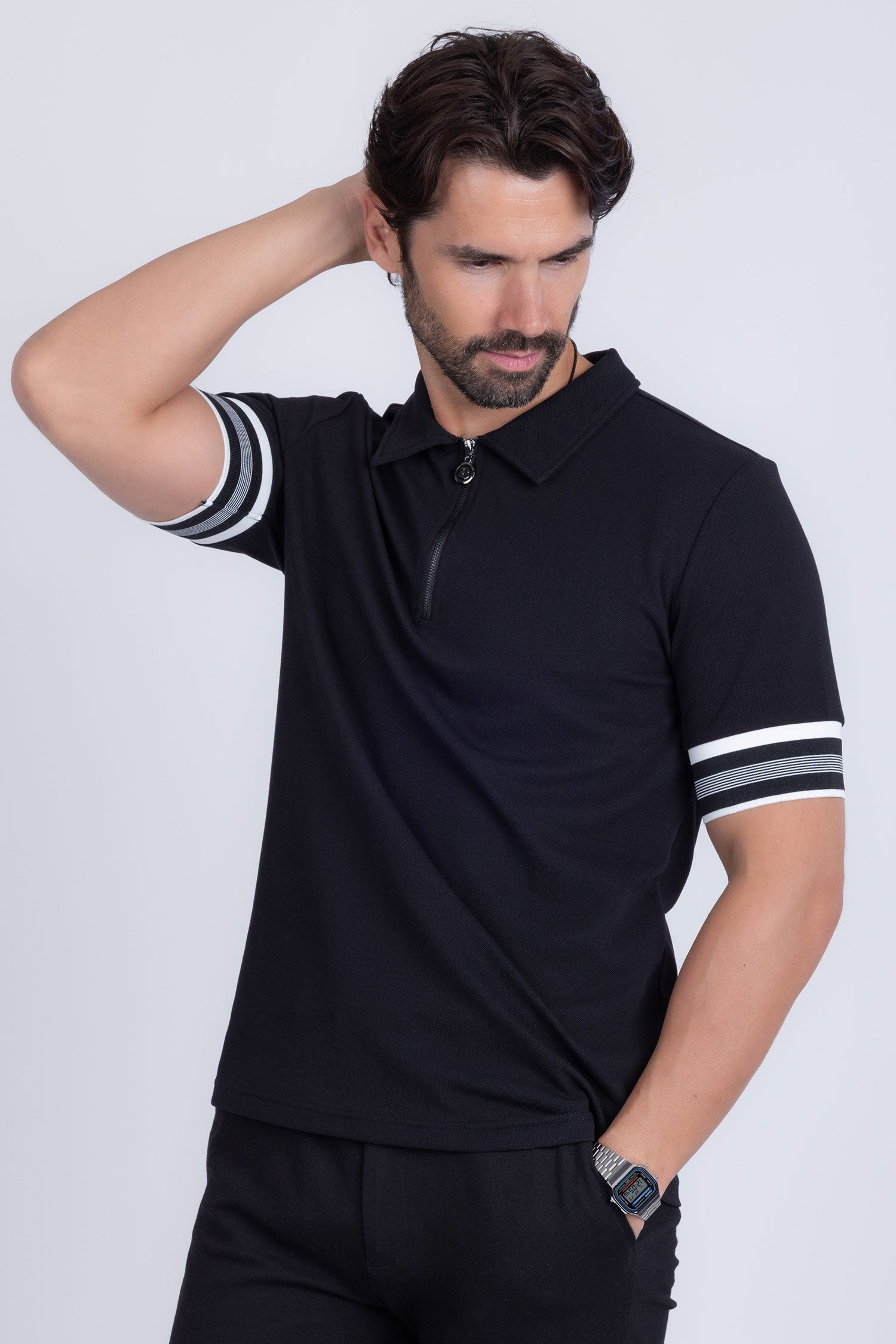 Barabas Men's Solid Geometric Linear Sleeve Stretch Polo Shirts 5P09 Black