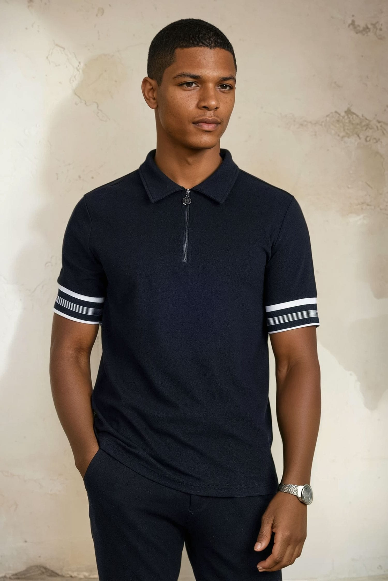 Barabas Men's Solid Geometric Linear Sleeve Stretch Polo Shirts 5P09 Black