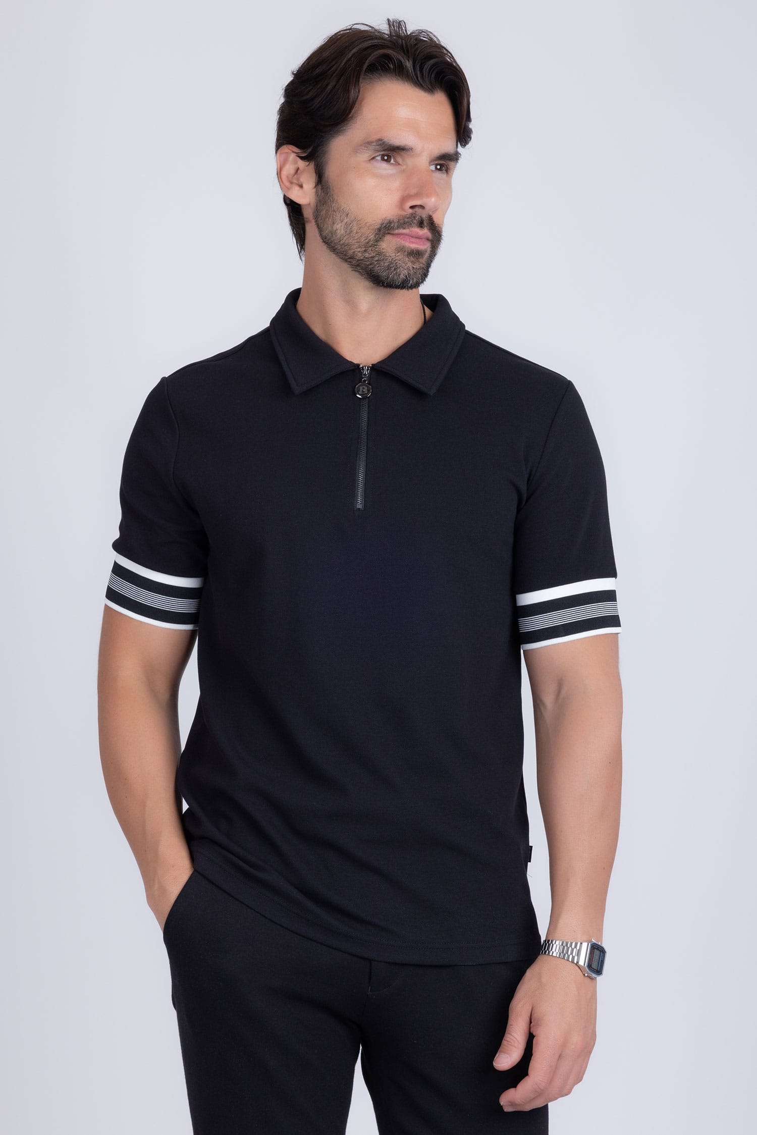 Barabas Men's Solid Geometric Linear Sleeve Stretch Polo Shirts 5P09 Black