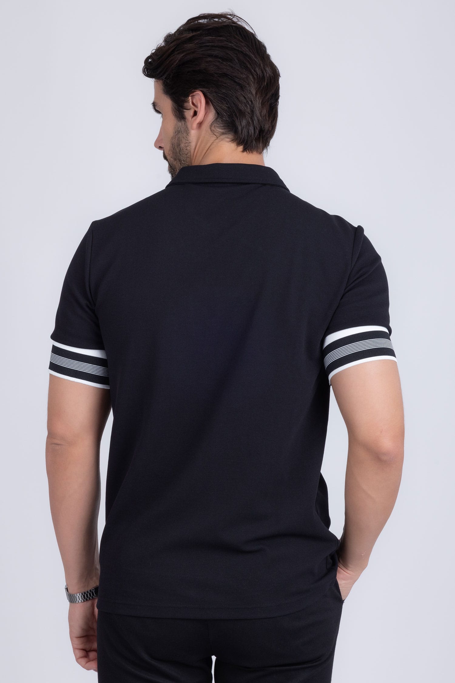 Barabas Men's Solid Geometric Linear Sleeve Stretch Polo Shirts 5P09 Black