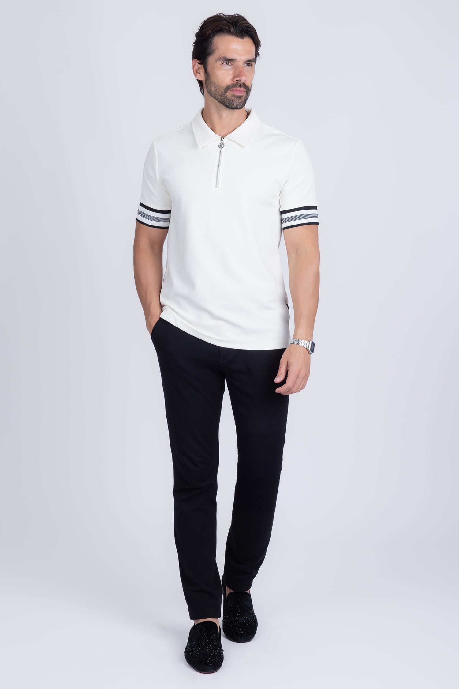 Barabas Men's Solid Geometric Linear Sleeve Stretch Polo Shirts 5P09 White