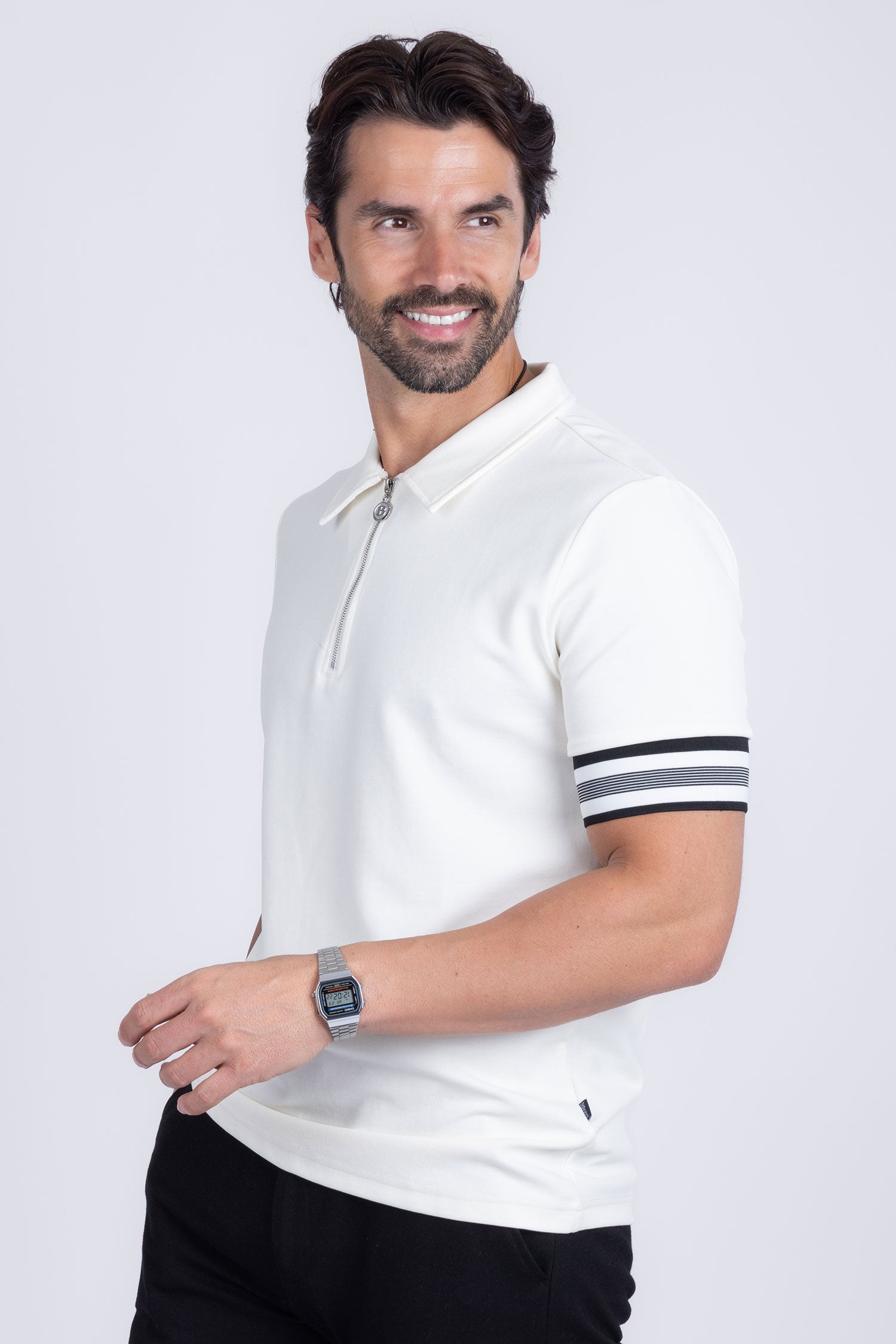 Barabas Men's Solid Geometric Linear Sleeve Stretch Polo Shirts 5P09 White