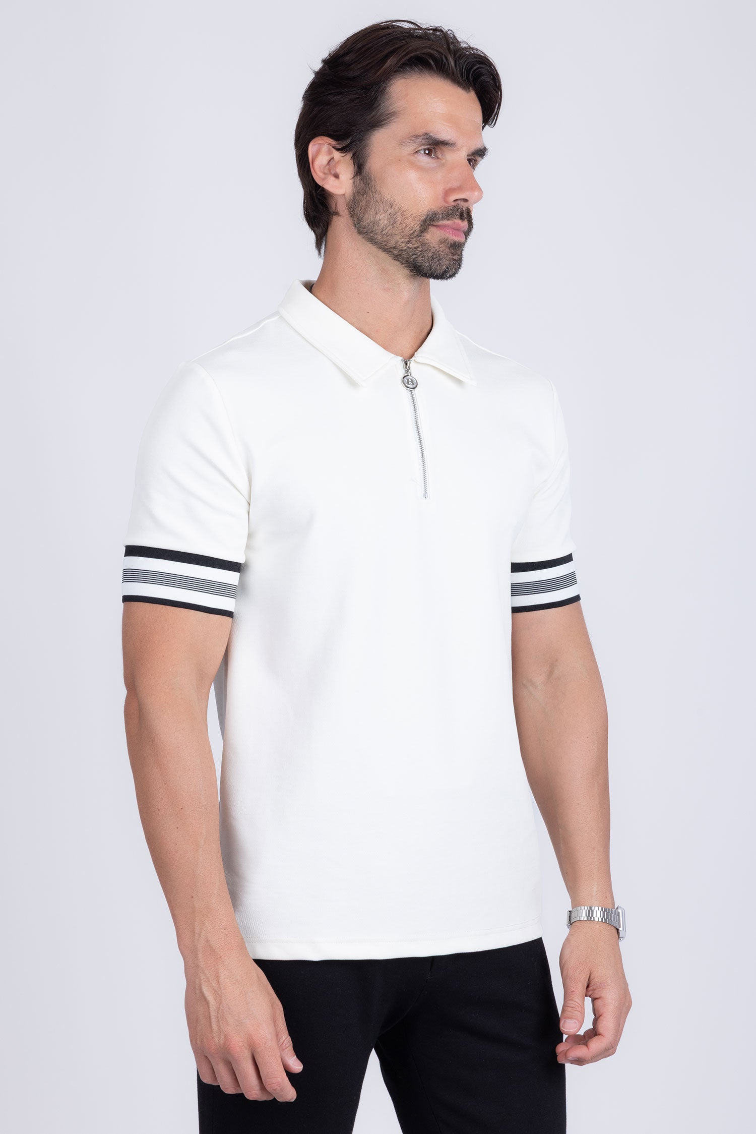 Barabas Men's Solid Geometric Linear Sleeve Stretch Polo Shirts 5P09 White