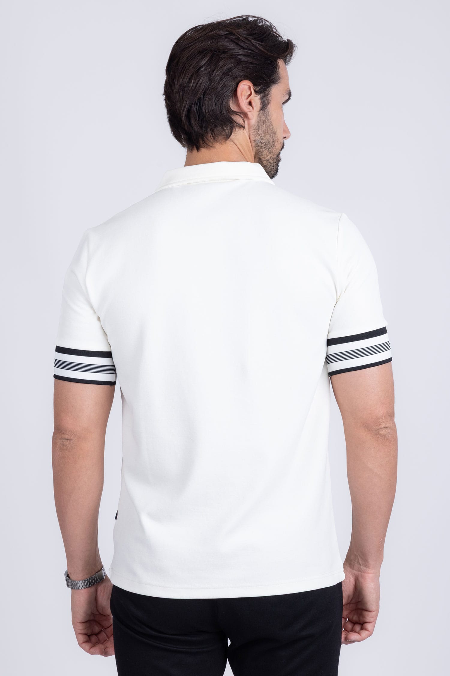 Barabas Men's Solid Geometric Linear Sleeve Stretch Polo Shirts 5P09 White