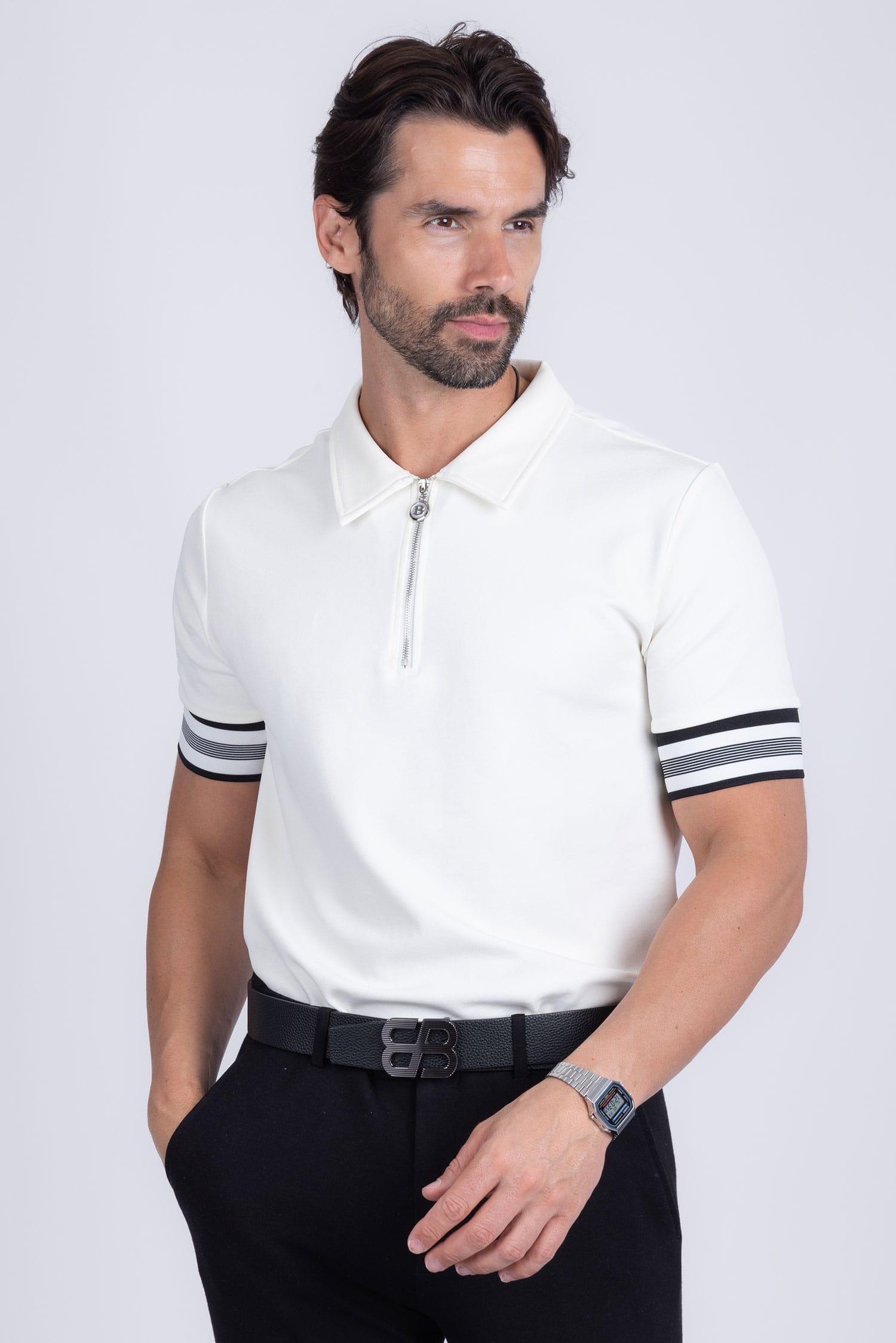 Barabas Men's Solid Geometric Linear Sleeve Stretch Polo Shirts 5P09 White