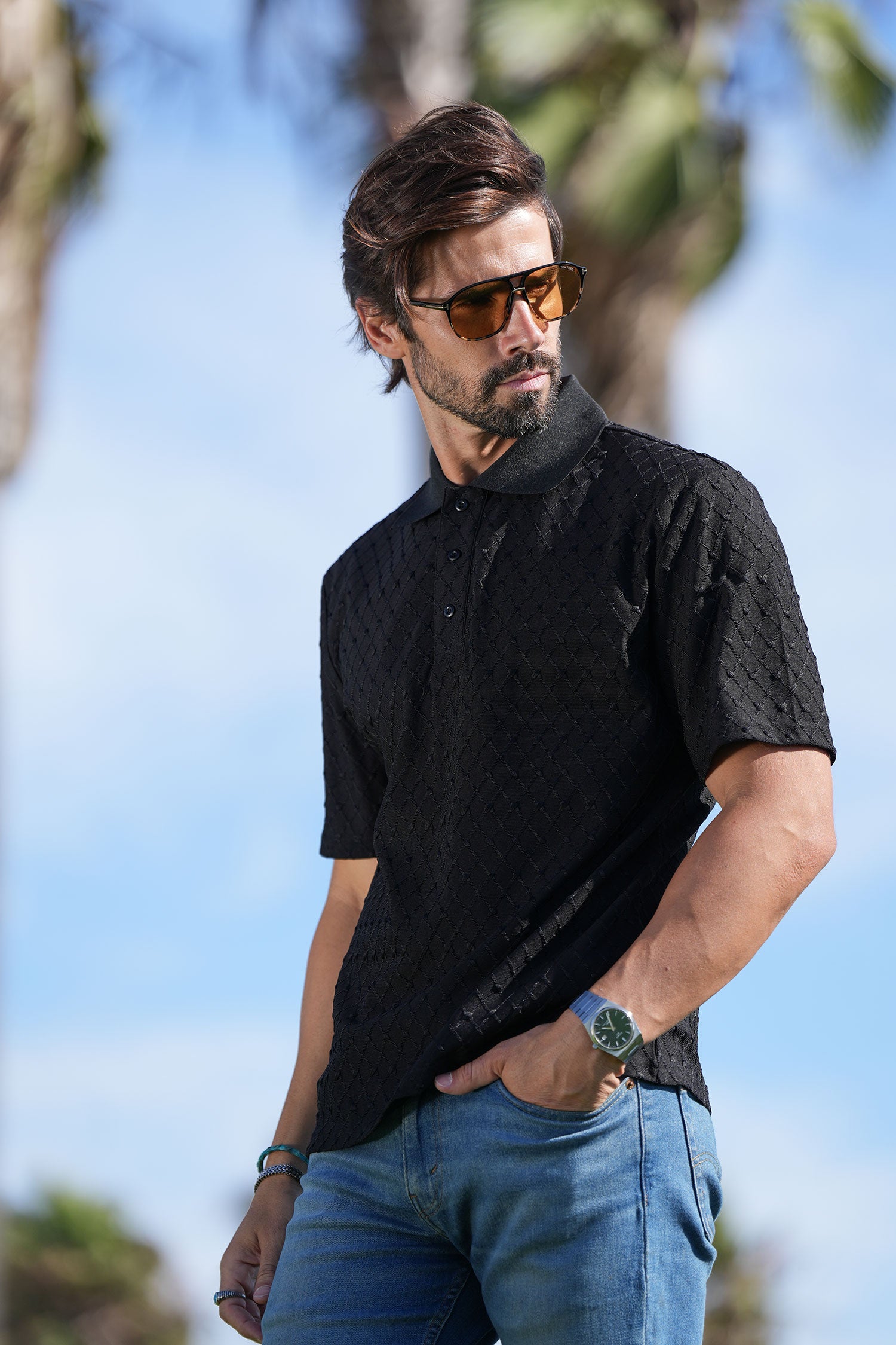 Barabas Men's Solid Color Diamond Premium Stretch Polo Shirts 5P11 Black