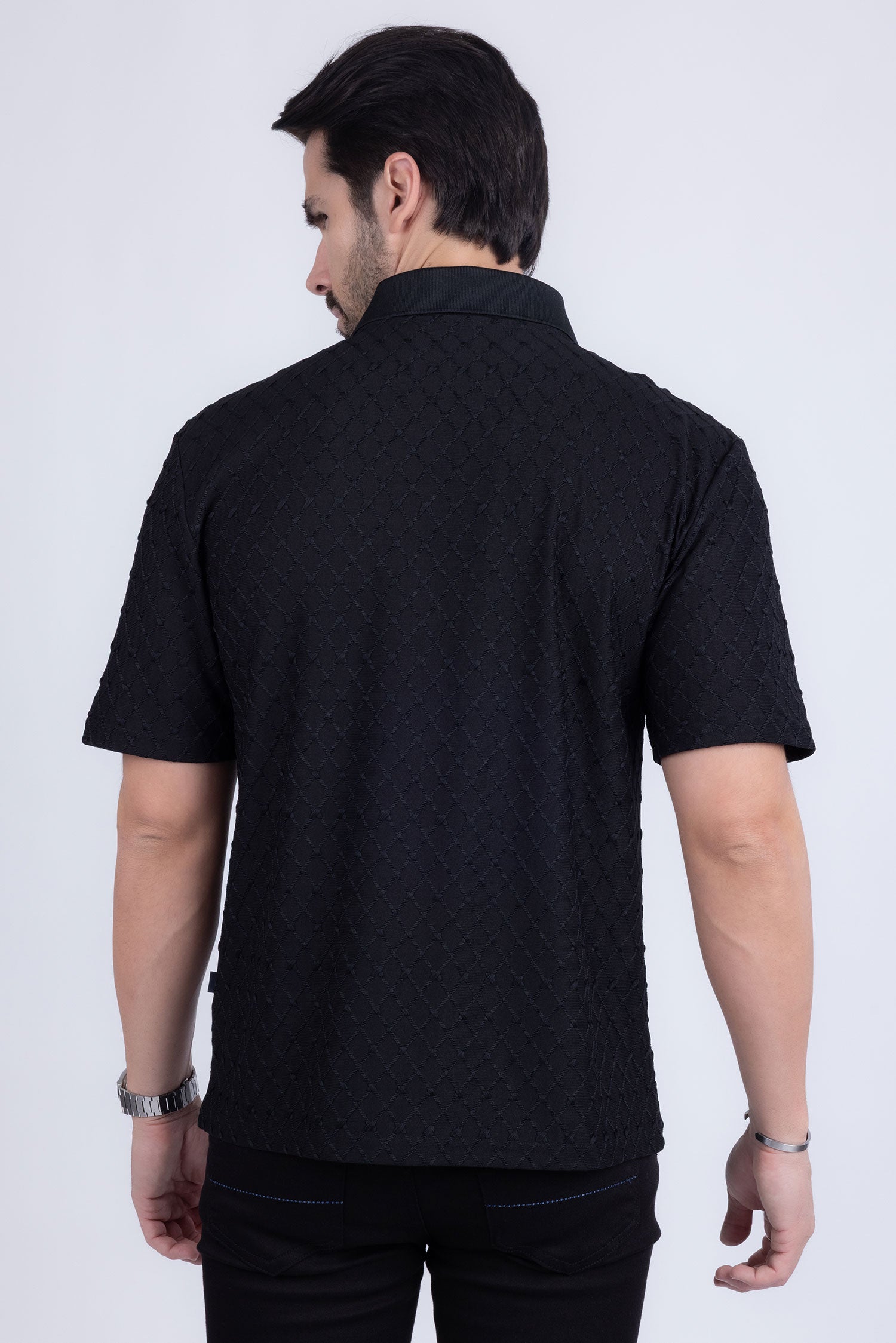 Barabas Men's Solid Color Diamond Premium Stretch Polo Shirts 5P11 Black