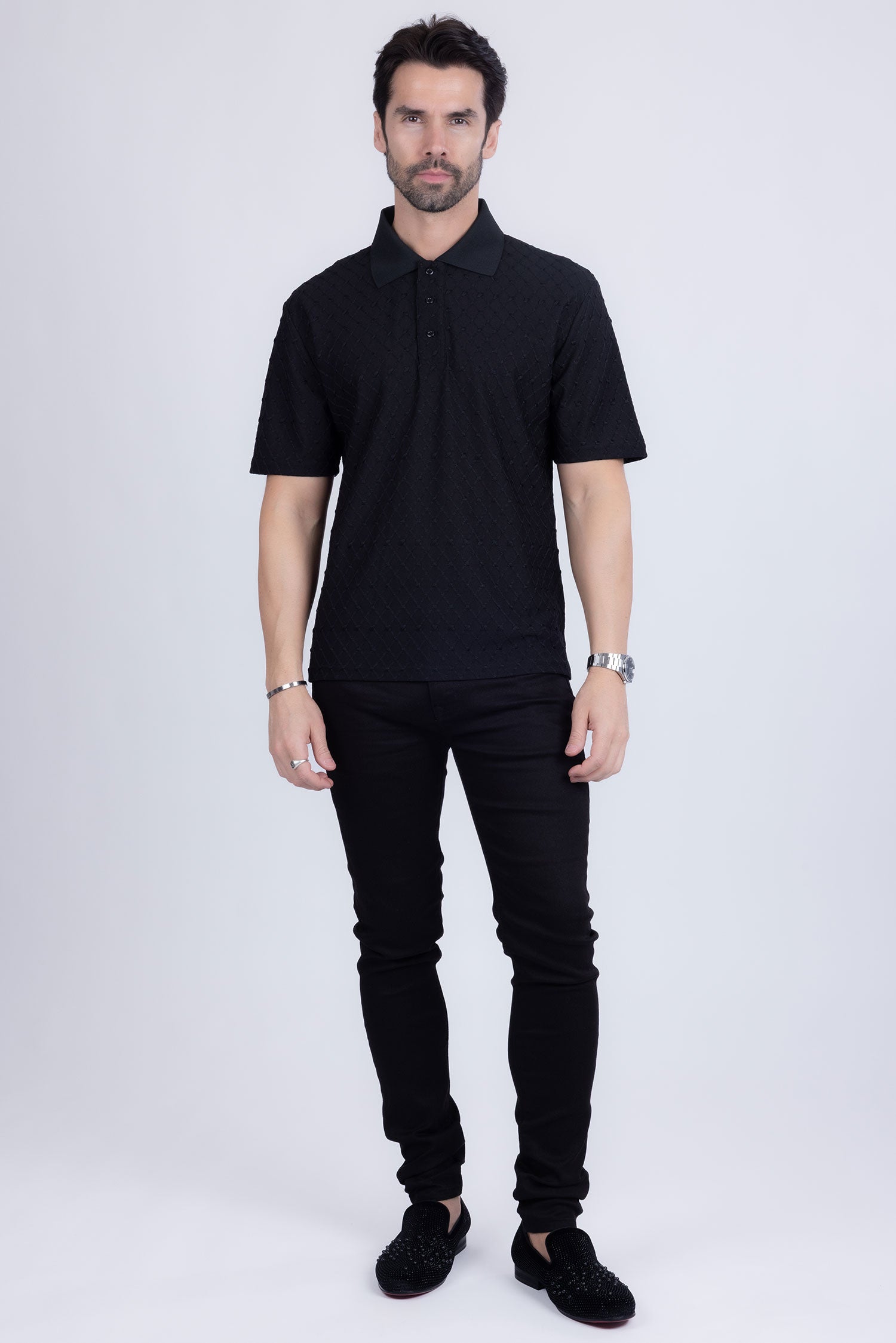 Barabas Men's Solid Color Diamond Premium Stretch Polo Shirts 5P11 Black