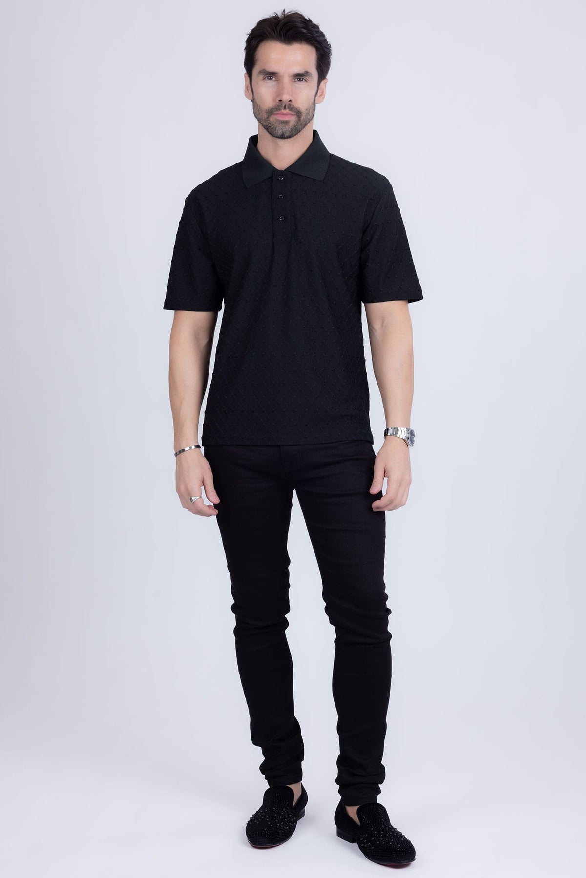 Barabas Men's Solid Color Diamond Premium Stretch Polo Shirts 5P11 Black