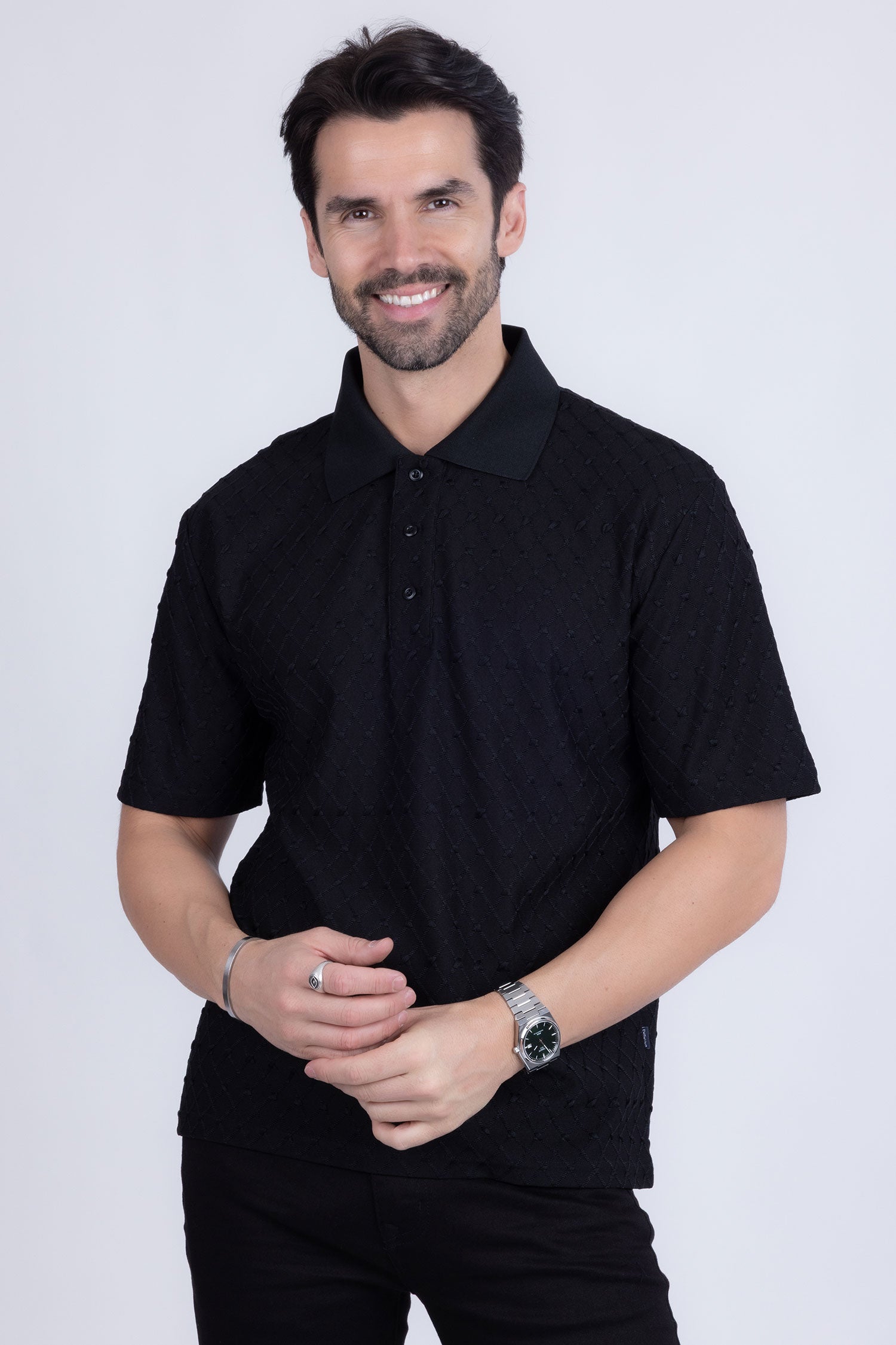 Barabas Men's Solid Color Diamond Premium Stretch Polo Shirts 5P11 Black