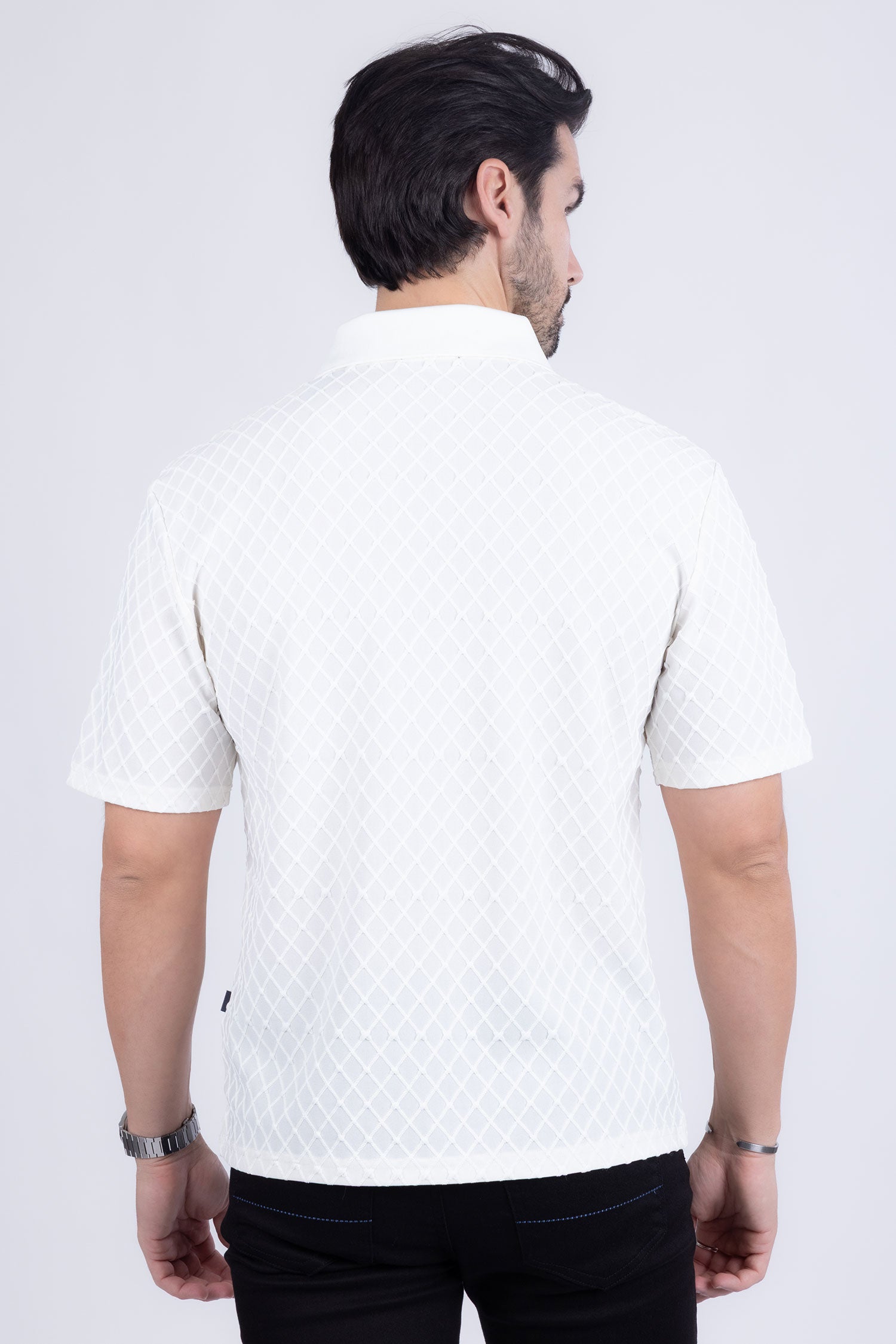 Barabas Men's Solid Color Diamond Premium Stretch Polo Shirts 5P11 Off White