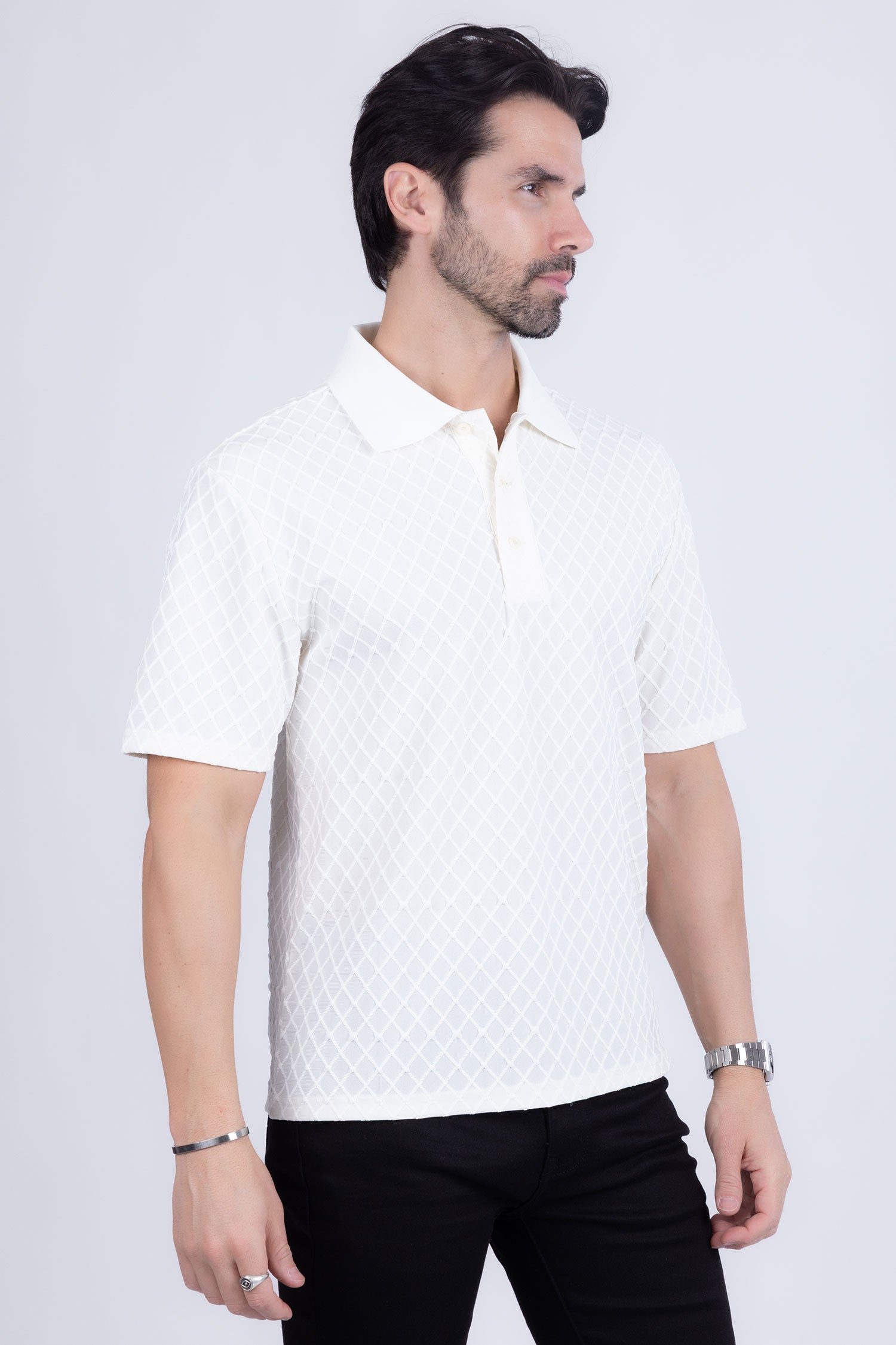 Barabas Men's Solid Color Diamond Premium Stretch Polo Shirts 5P11 Bone