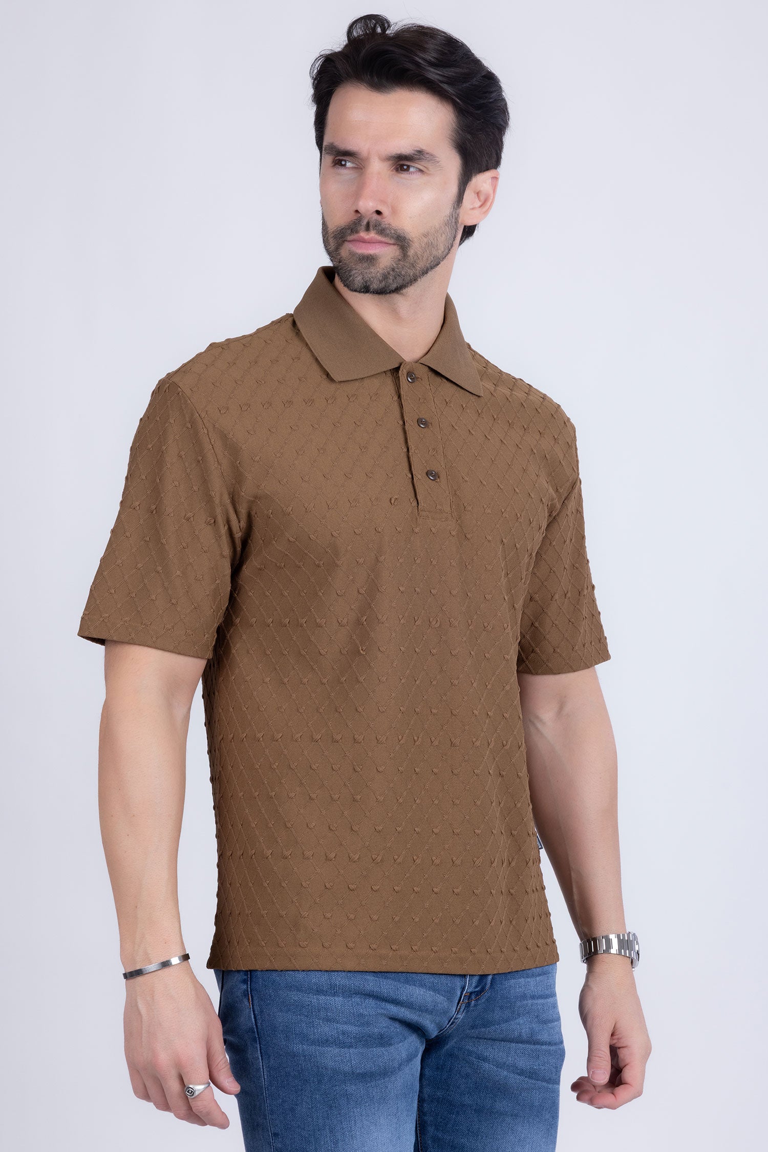 Barabas Men's Solid Color Diamond Premium Stretch Polo Shirts 5P11 Brown