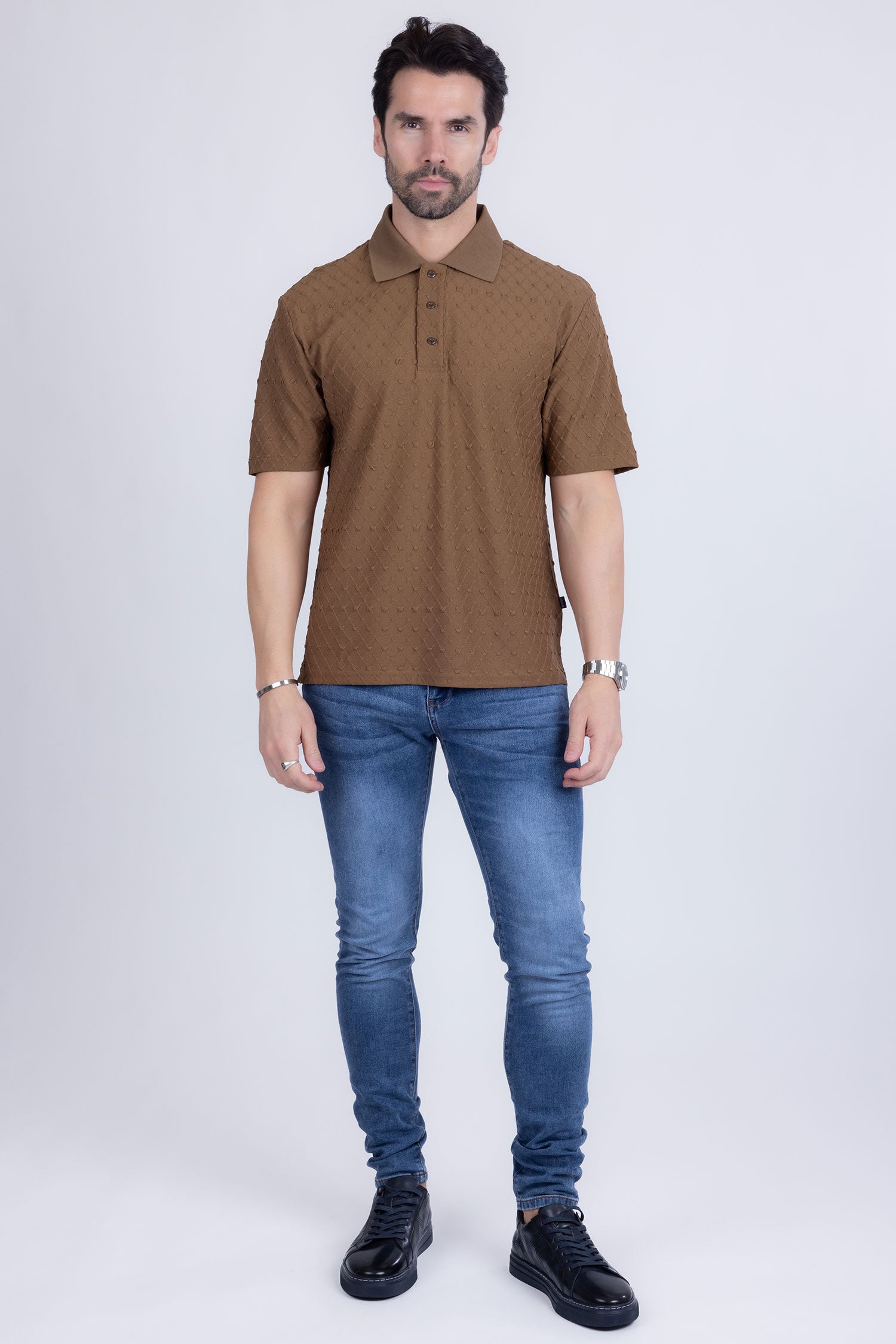 Barabas Men's Solid Color Diamond Premium Stretch Polo Shirts 5P11 Tobacco Brown