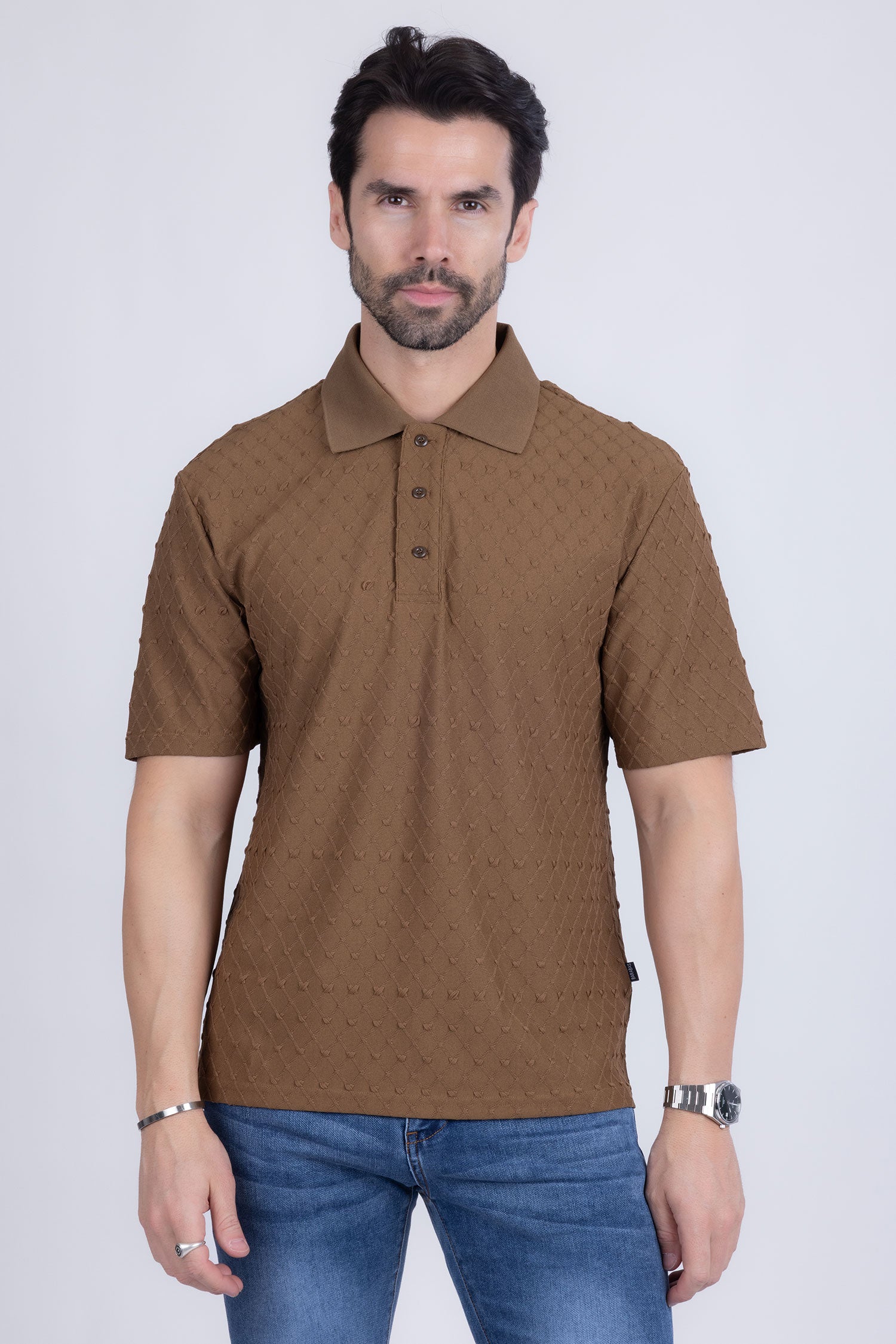 Barabas Men's Solid Color Diamond Premium Stretch Polo Shirts 5P11 Brown