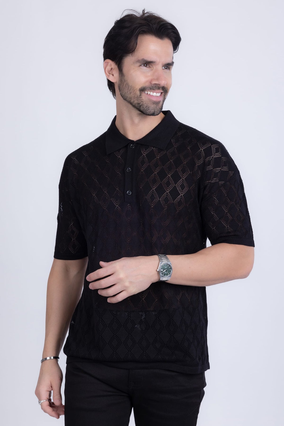 Barabas Men's Geometric Premium Stretch See Through Polo Shirts 5P12 Black