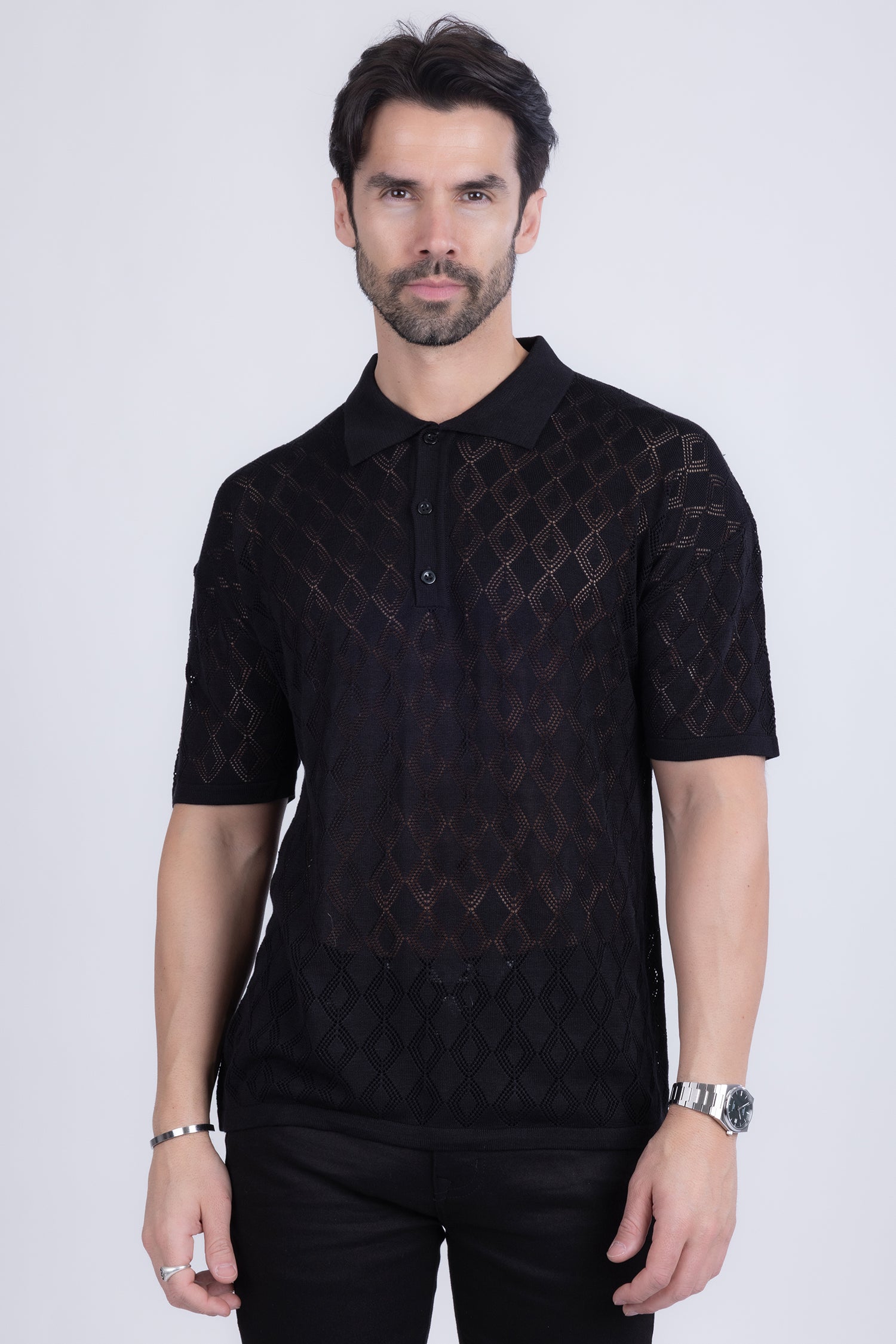 Barabas Men's Geometric Premium Stretch See Through Polo Shirts 5P12 Black