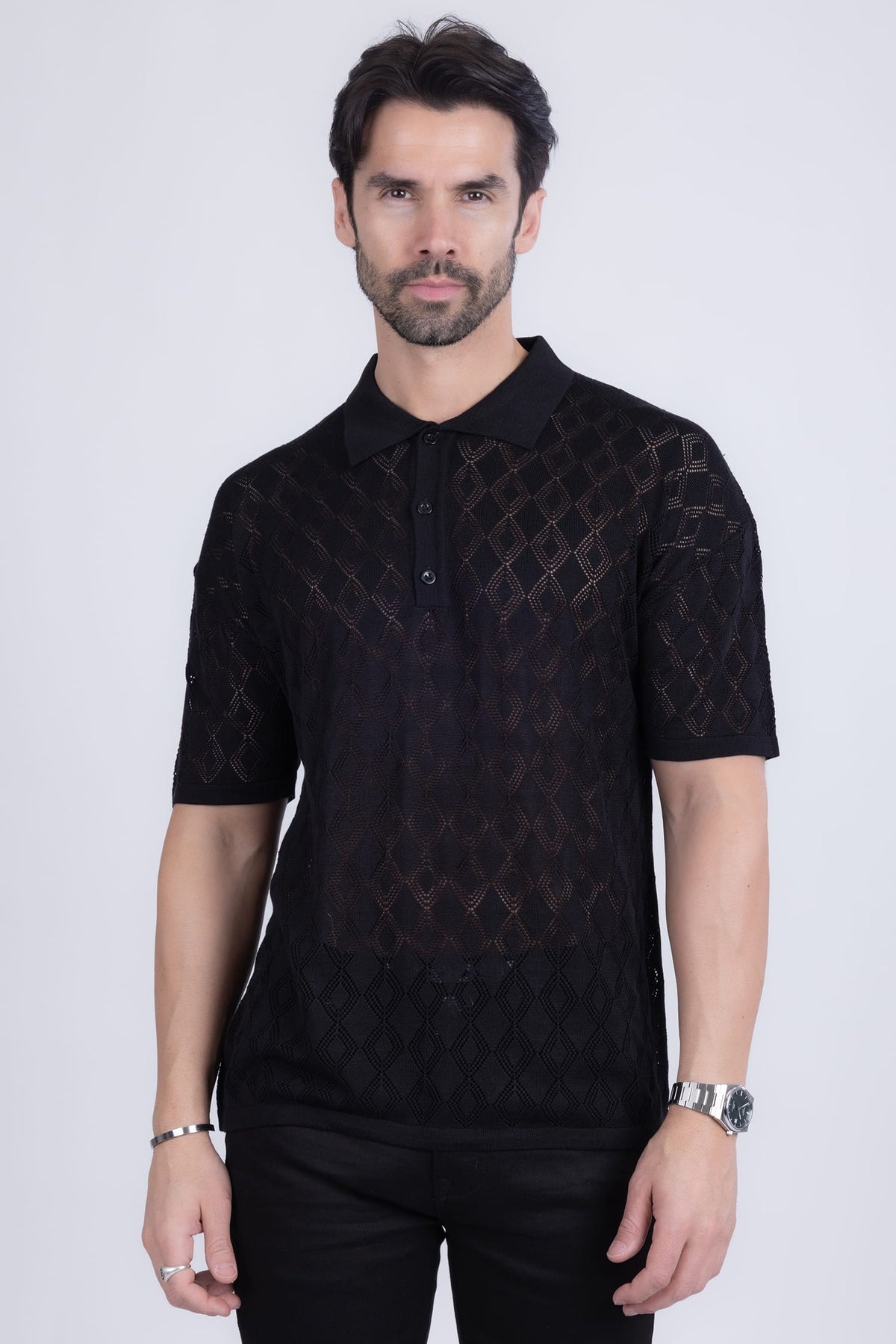 Barabas Men's Geometric Premium Stretch See Through Polo Shirts 5P12 Black
