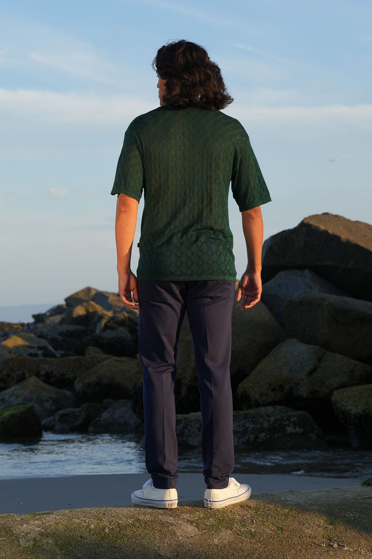 Barabas Men's Geometric Premium Stretch See Through Polo Shirts 5P12 green
