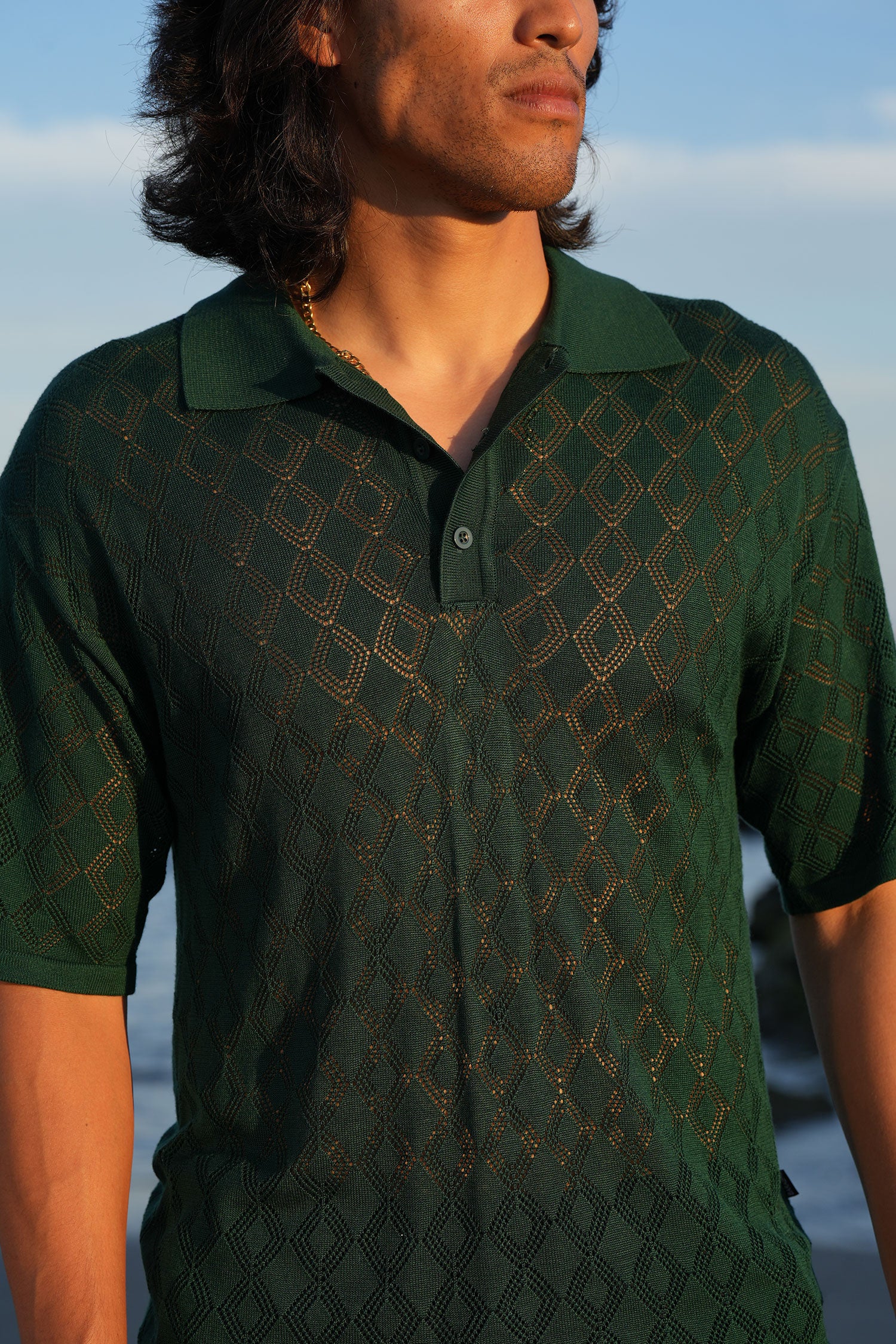 Barabas Men's Geometric Premium Stretch See Through Polo Shirts 5P12 Green