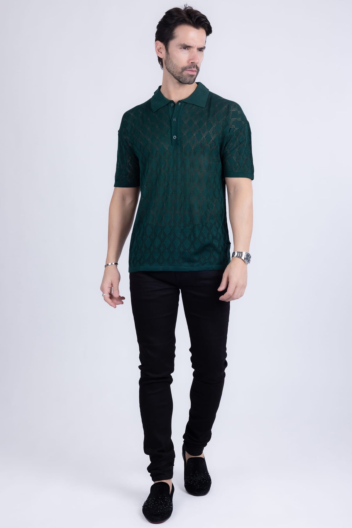 Barabas Men's Geometric Premium Stretch See Through Polo Shirts 5P12 Green