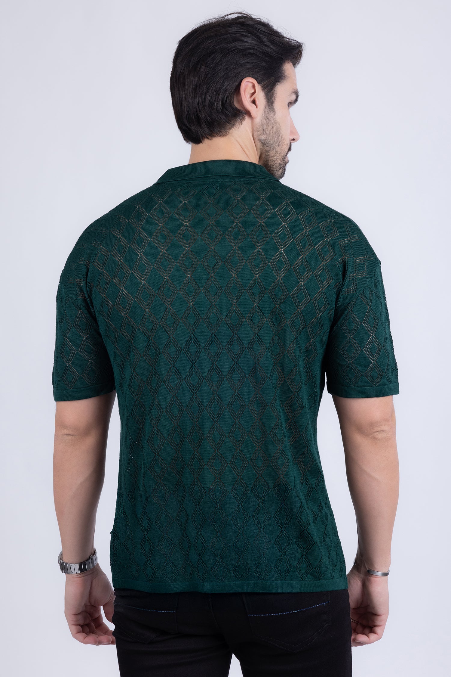 Barabas Men's Geometric Premium Stretch See Through Polo Shirts 5P12 Green