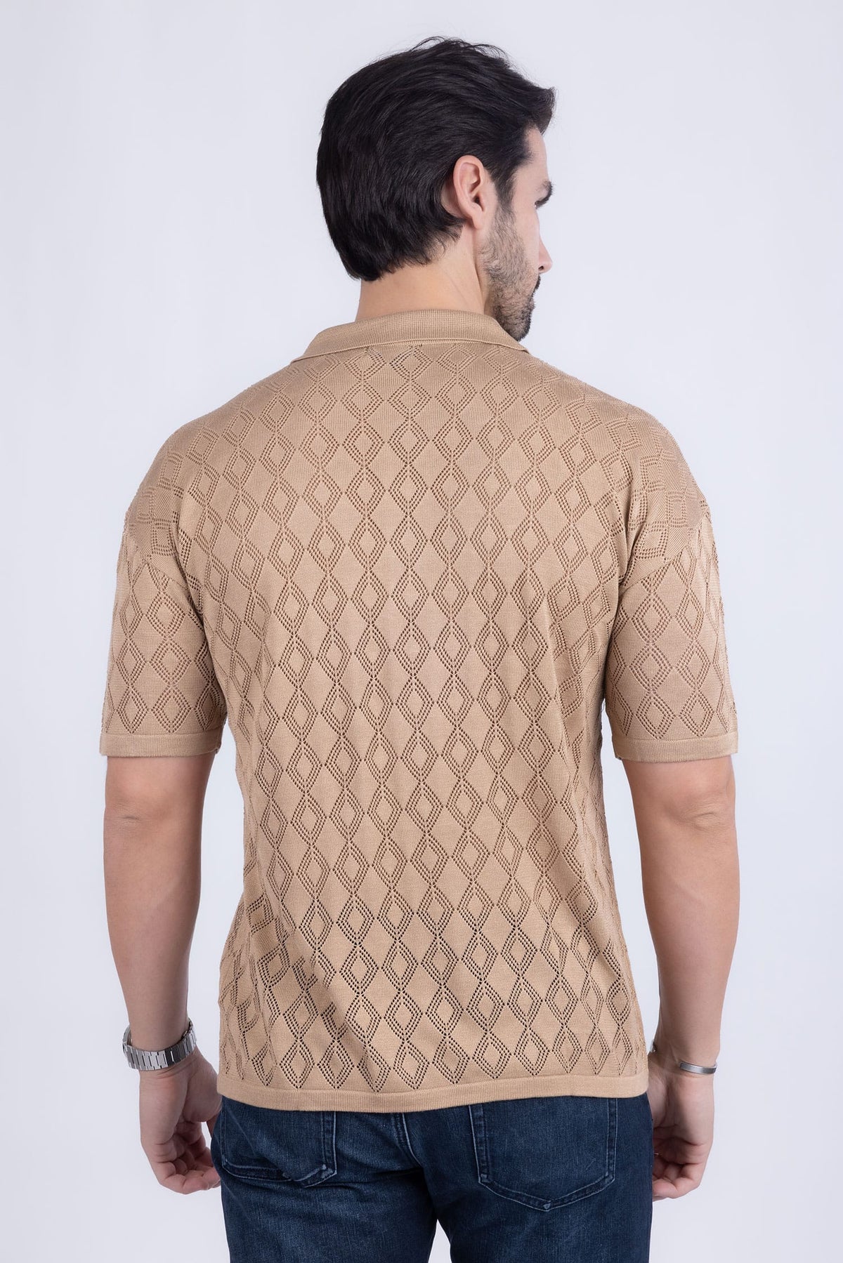 Barabas Men's Geometric Premium Stretch See Through Polo Shirts 5P12 Mocha