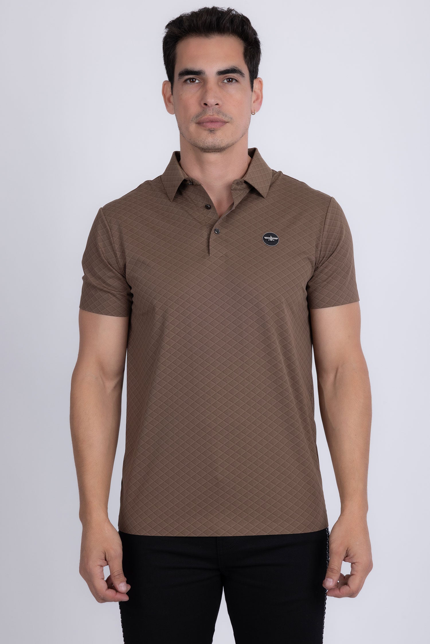 Barabas Men's Solid Geometric Short Sleeve Stretch Polo Shirts 5P16 Brown