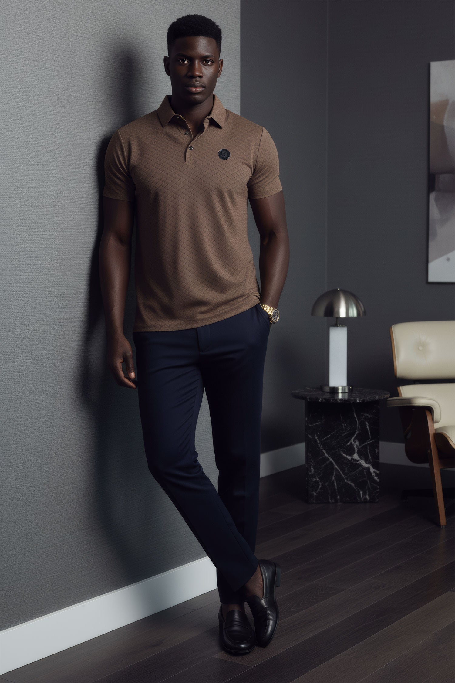 Barabas Men's Solid Geometric Short Sleeve Stretch Polo Shirts 5P16 Brown