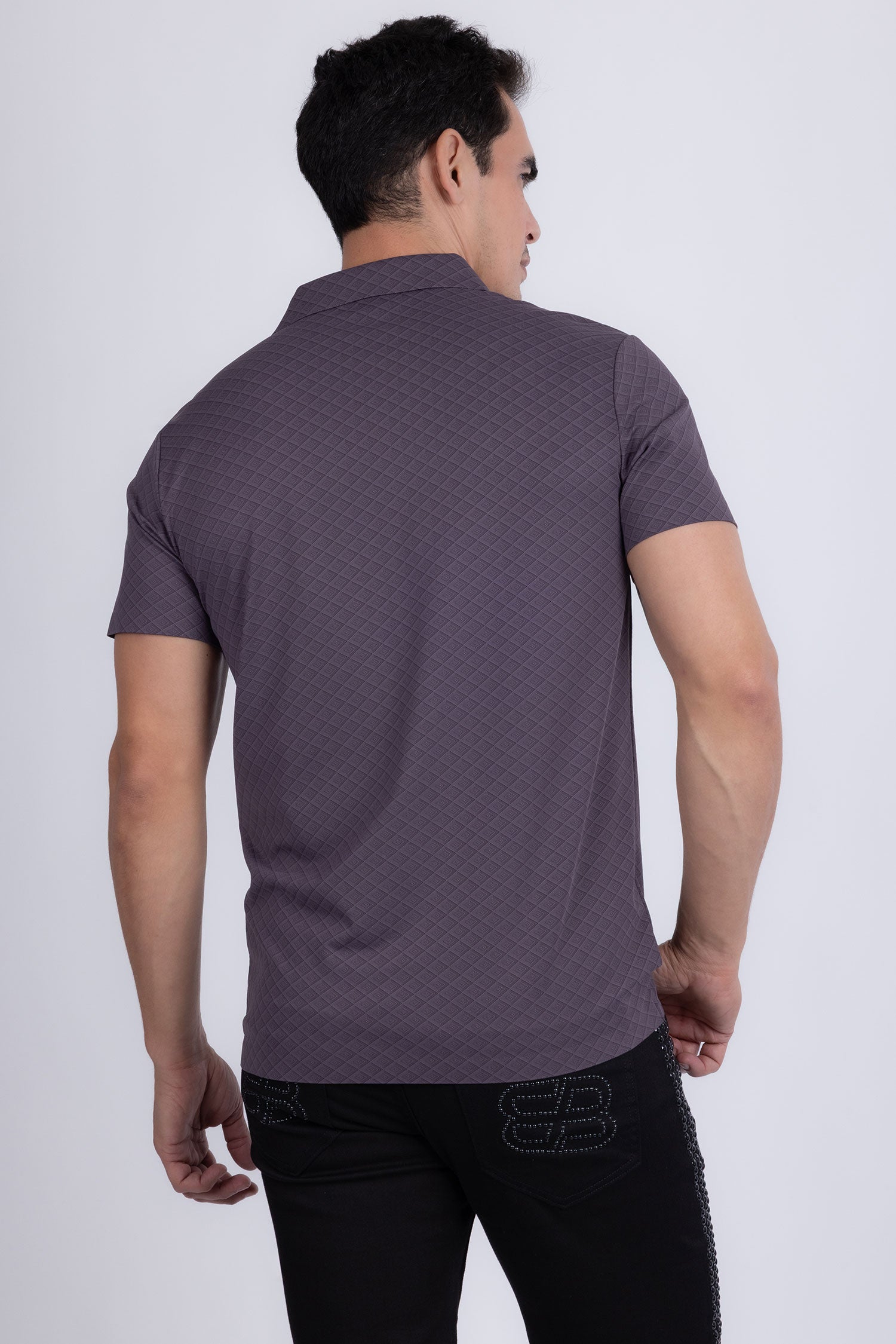 Barabas Men's Solid Geometric Short Sleeve Stretch Polo Shirts 5P16 Purple