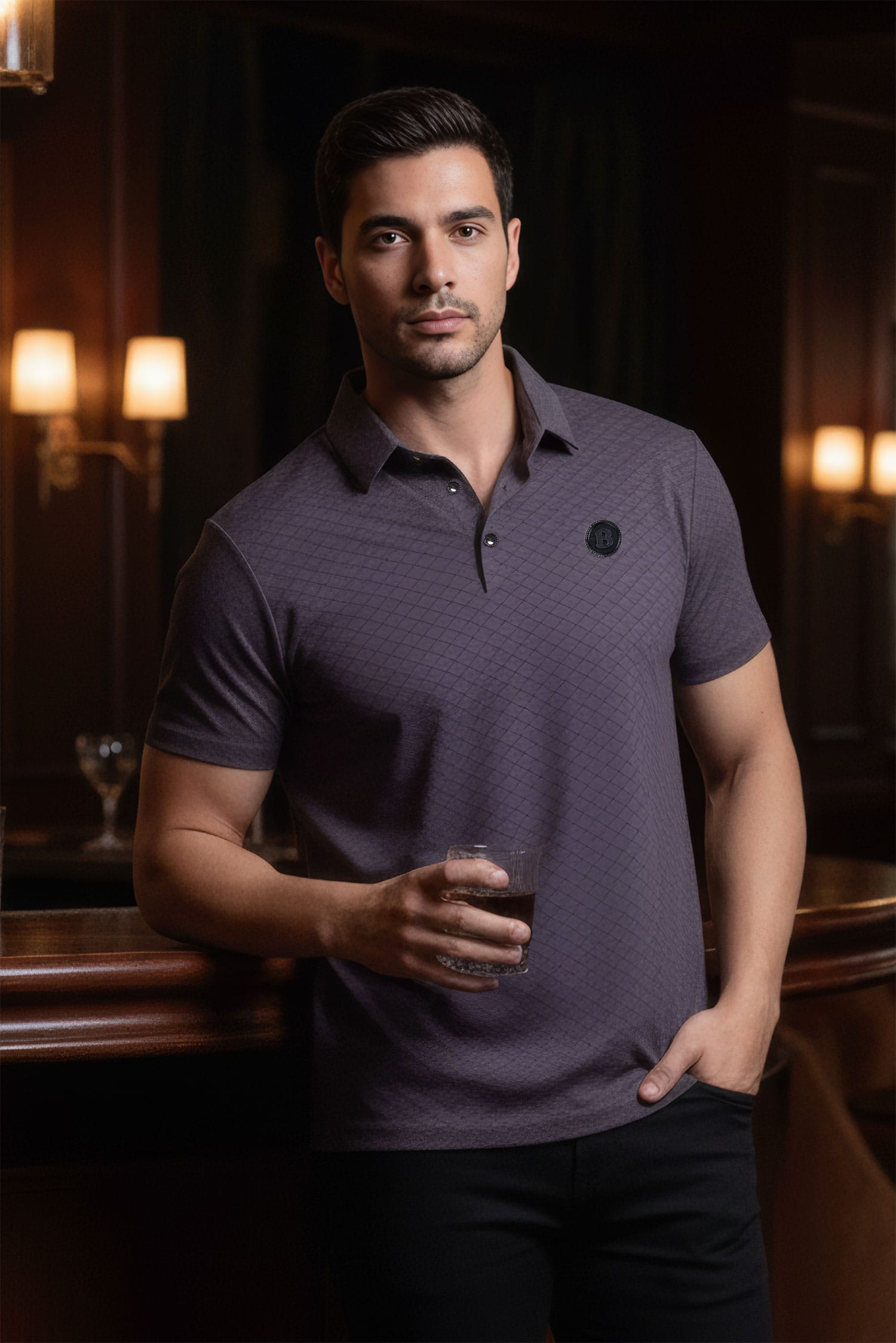 Barabas Men's Solid Geometric Short Sleeve Stretch Polo Shirts 5P16 Purple