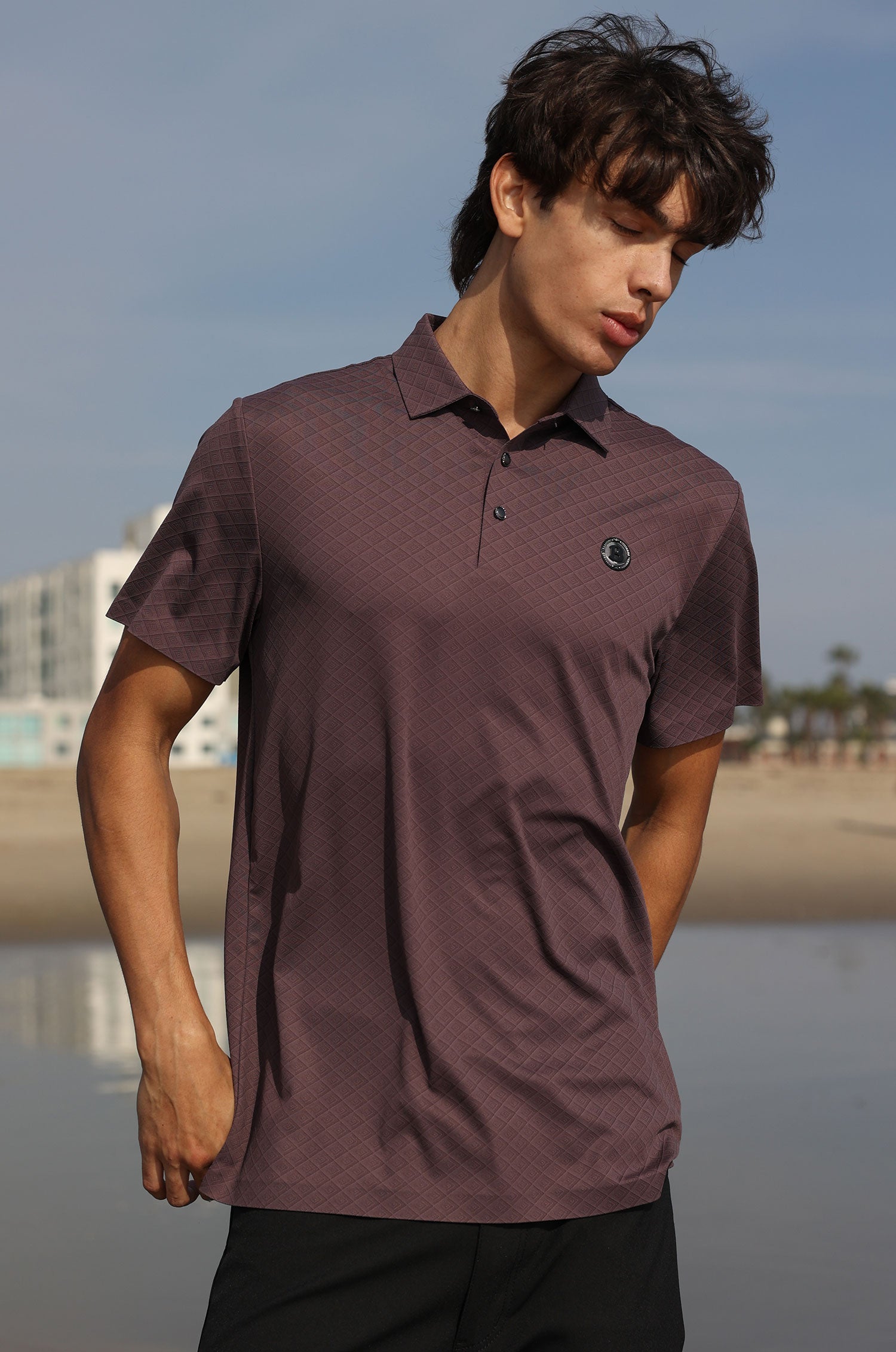 Barabas Men's Solid Geometric Short Sleeve Stretch Polo Shirts 5P16 Purple