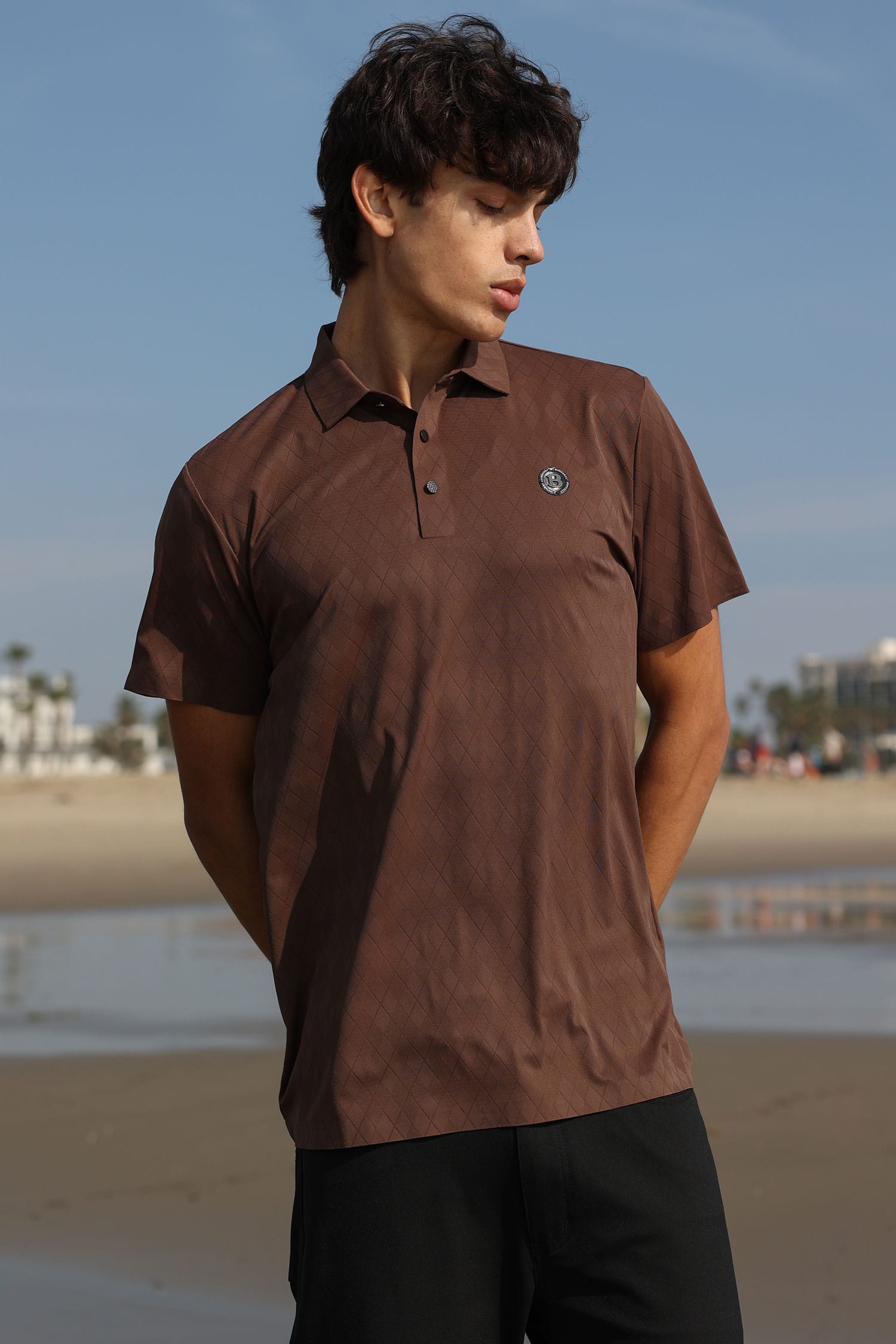 Barabas Men's Solid Diamond Short Sleeve Stretch Polo Shirts 5P18 Coffee