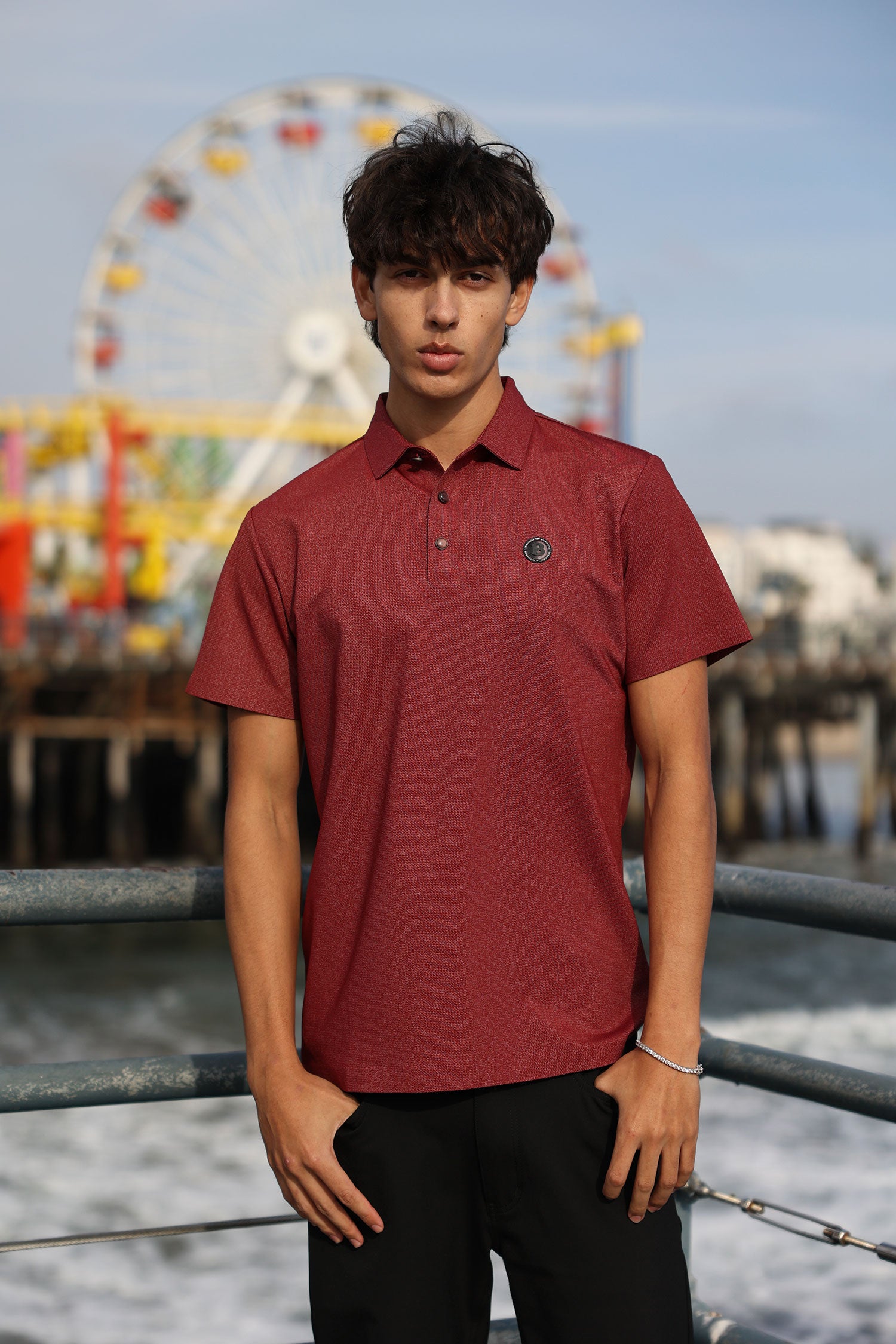 Barabas Men's Solid Color Short Sleeve Stretch Polo Shirts 5P19 Dark red