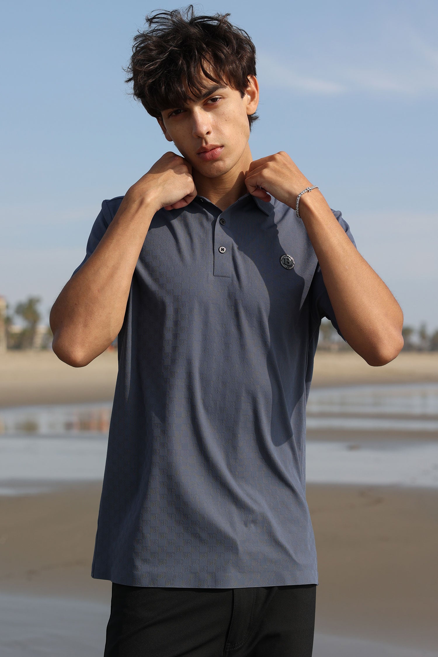 Barabas Men's Solid Greek Key Short Sleeve Stretch Polo Shirts 5P21 Blue