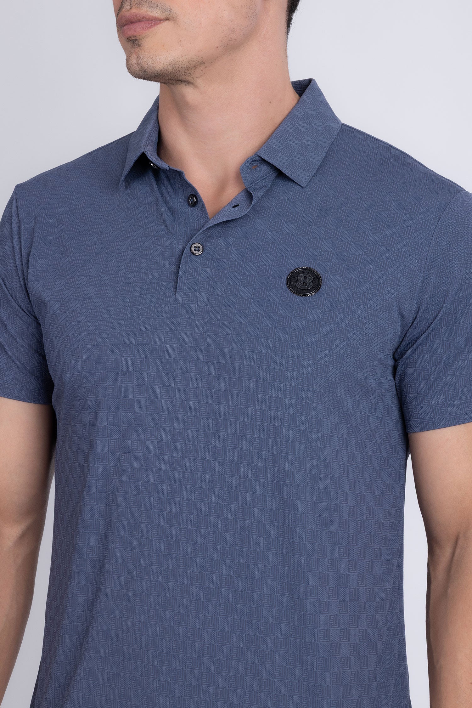 Barabas Men's Solid Greek Key Short Sleeve Stretch Polo Shirts 5P21 Blue